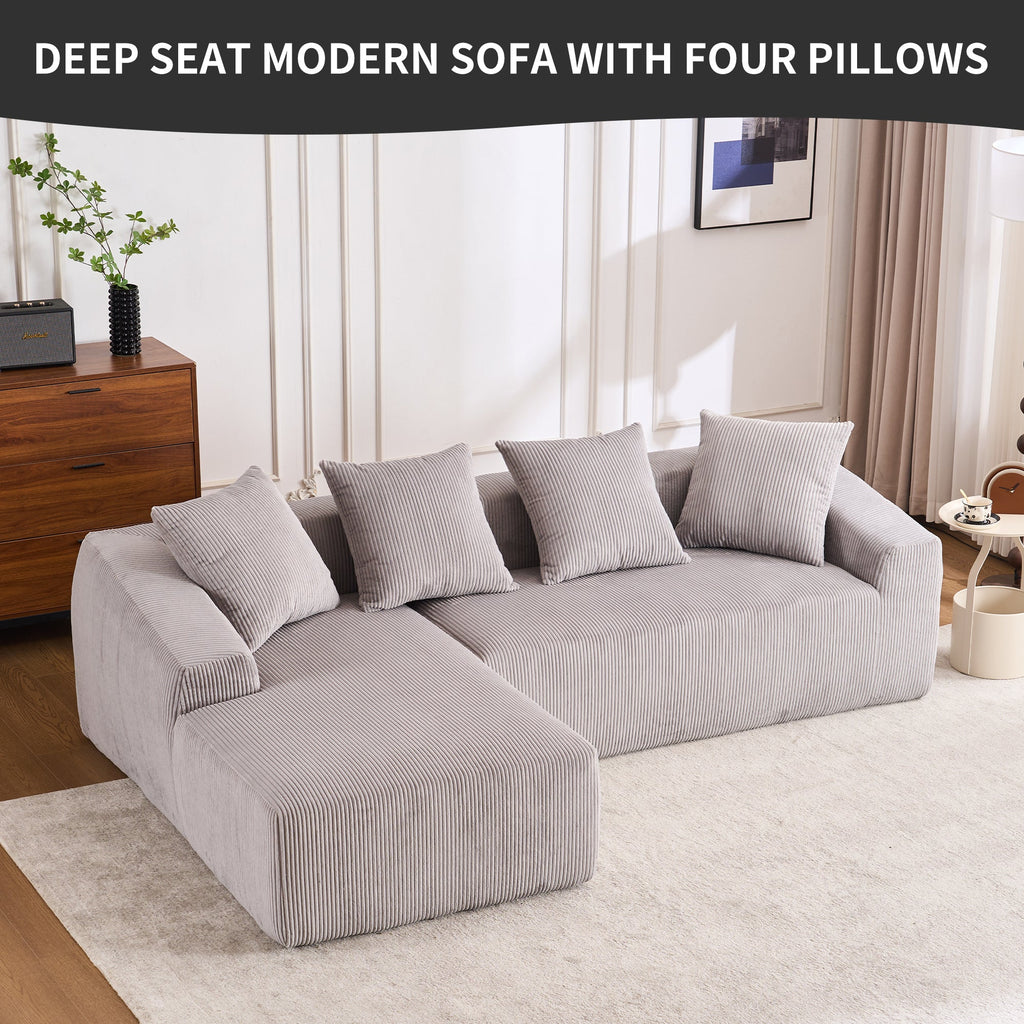 LY-023 LIGHT GREY COMPRESSION SOFA: Combining chaise longue with 3-seater, Corduroy Fabric, full sponge compression sofa,combined sofa with 4 pillows for living/ Home Furniture/ Apartment