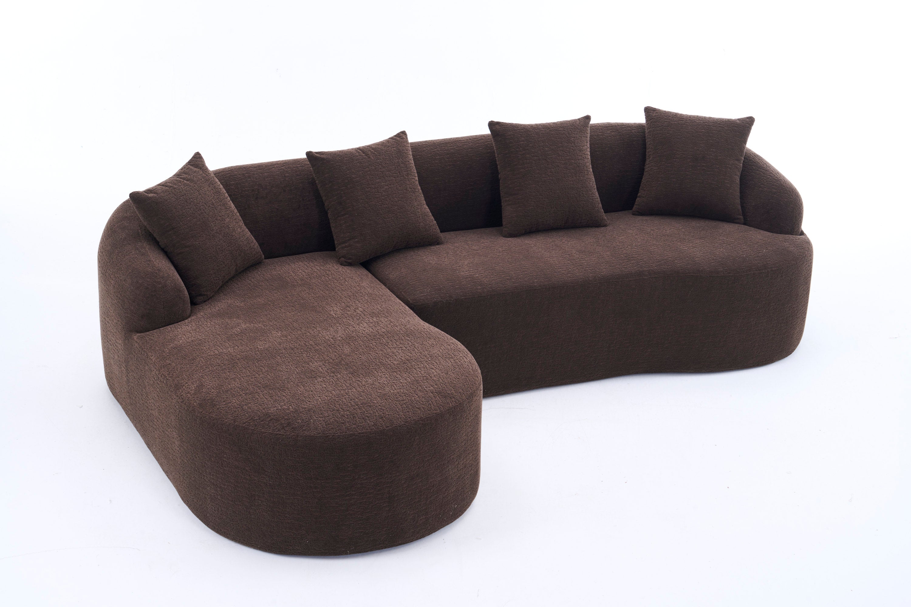 Compression Sponge L-Shape Sectional Sofa with Curved Chaise, Brown Modular Chenille Couch No Assembly Required, 30D High-Density for Living Room Bedroom Apartment Lounge.