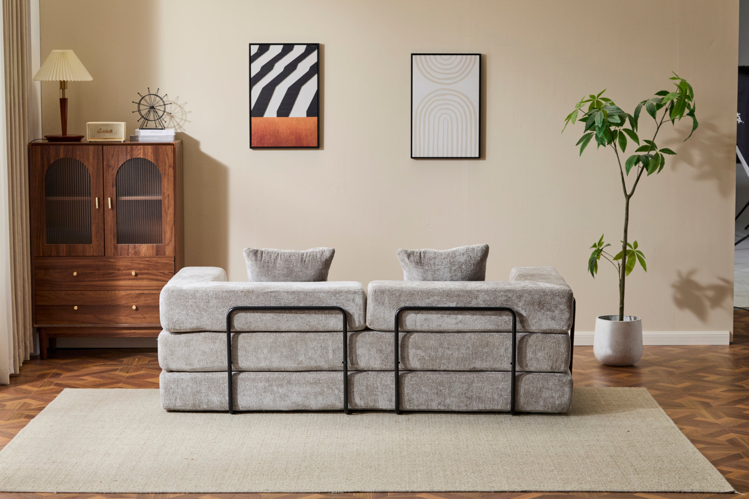 Floor Couch,Compression Sofa,Convertible Floor Sofa Bed-with Pillow Back Support Armrest,Comfy Futon Couch Lounge Sleeper Bed,Chenille fabric,for Living Room Bedroom (LIGHT-GREY)