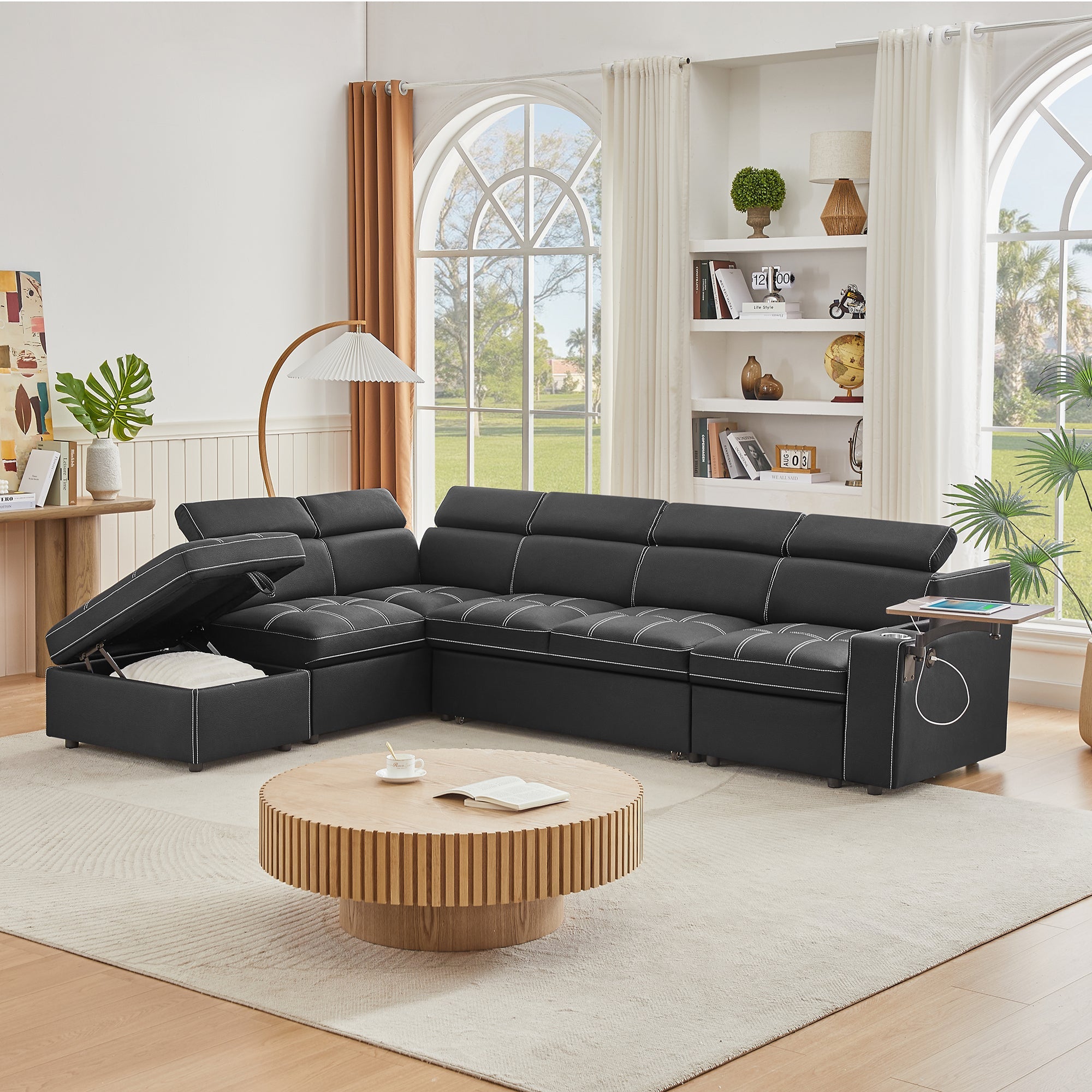Black Fabric Sectional Sofa with Storage Ottoman