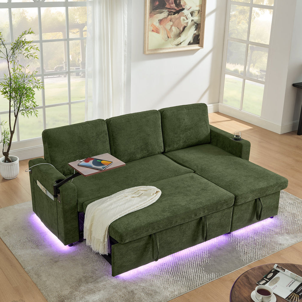 Modern Chenille Multi-functional Pull-Out Bed Sofa with Retractable Table and LED Lighting, USB Charging Ports and Cup Holders, Green