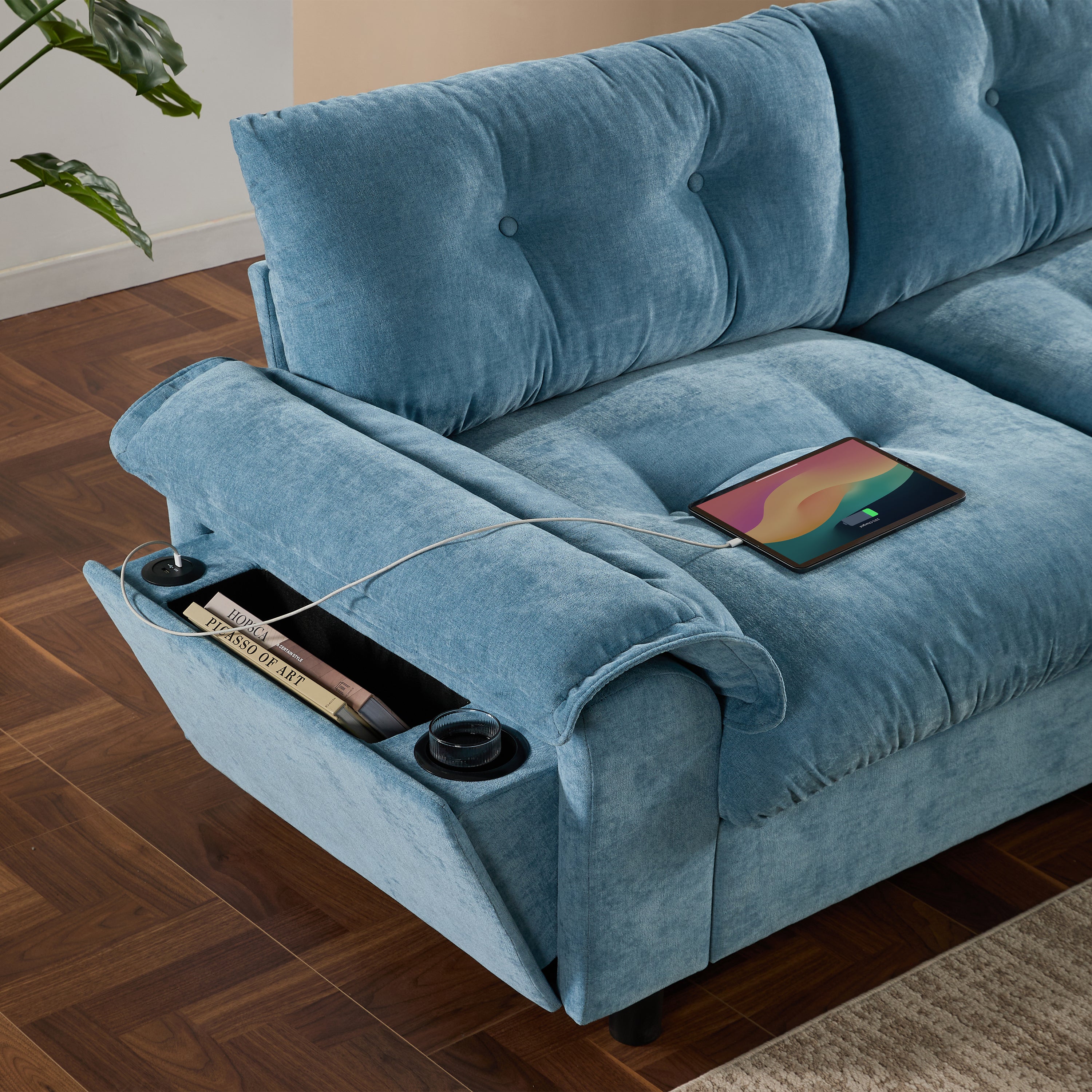 [VIDEO]104*60' Sectional Sofa, L-Shape with Multifunctional Armrest, Dual-Port Charging, Cup Holder, Side Storage Pockets, Movable Storage Ottoman, Unique Tufted Design, Soft Cushion, Chenille,3colors
