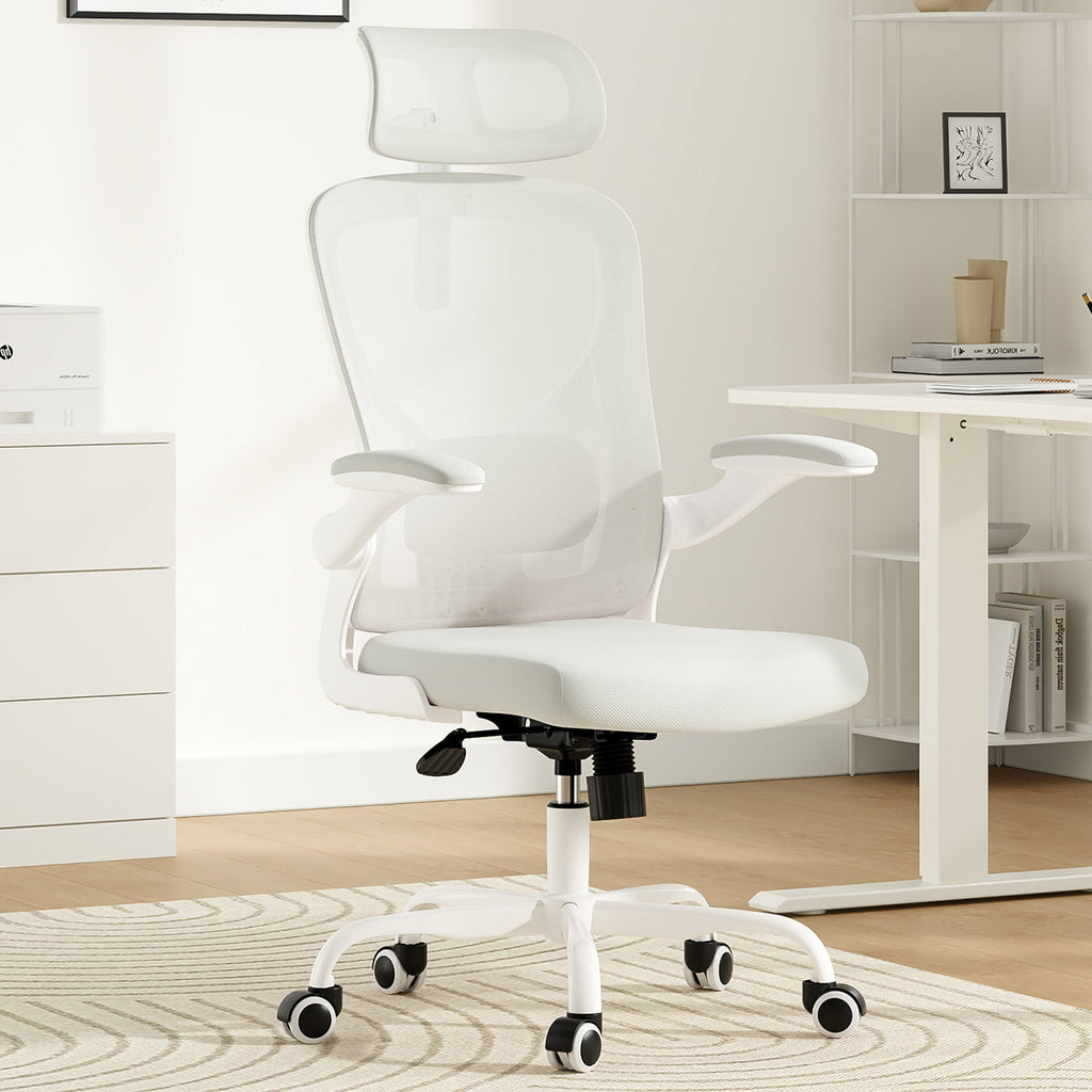 Ergonomic Office Chair, Home Office Desk Chair with Headrest, High Back Computer Chair with Armrests and Adjustable Lumbar Support for Home Office Study Room, White