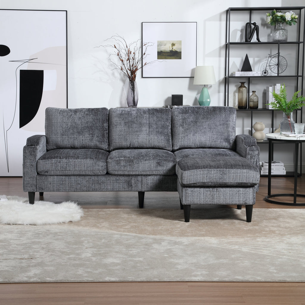 UNITED  WE WIN Sofa for three, solid wood frame, Chenille fabric, side pocket, with two cup holders, footstool with storagestorage sofa /Living room sofa cozy sectional  sofa
