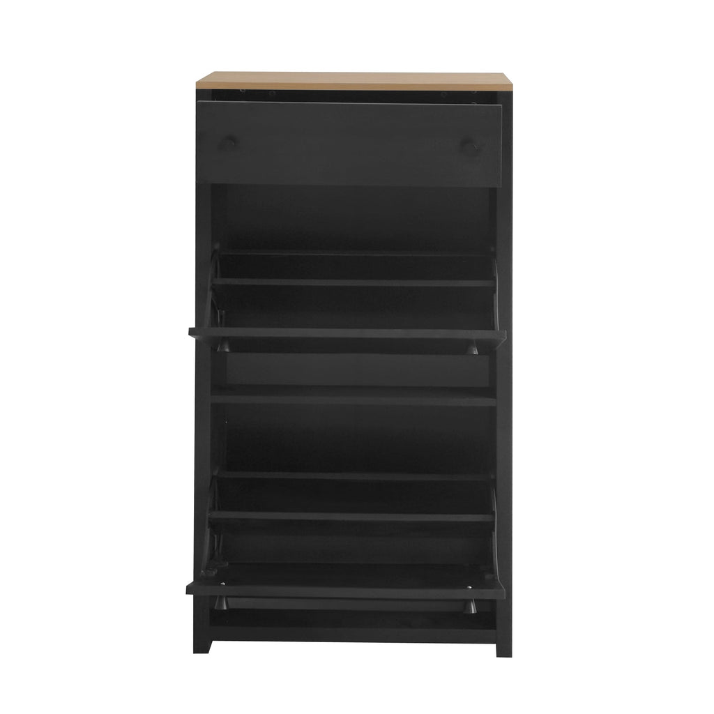 ON-TREND Functional Entryway Organizer with 2 Flip Drawers, Wood Grain Pattern Top Shoe Cabinet with Drawer, Free Standing Shoe Rack with Adjustable Panel for Hallway, Black