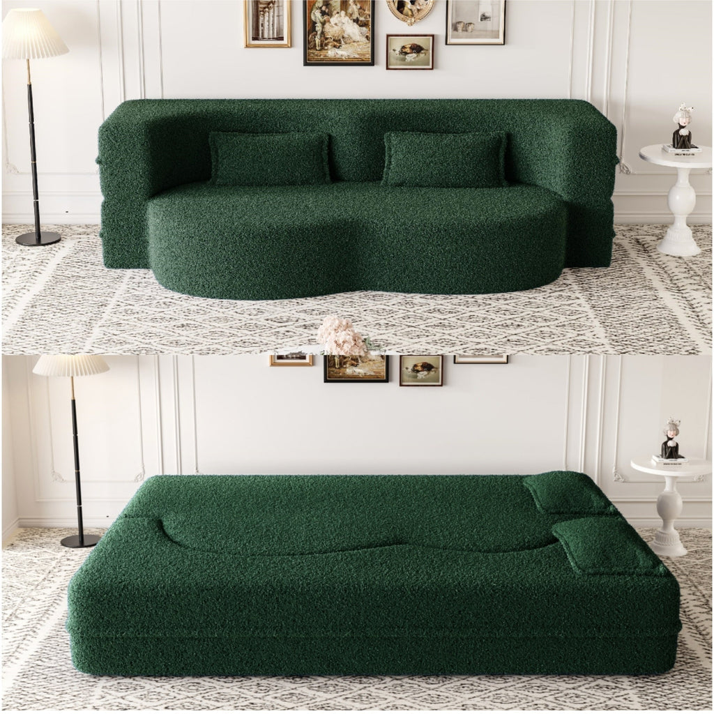 Modern Floor Sofa with 2 Pillows,Convertible Teddy Fabric Foam Filled Sleeper Sofa Bed,15 ' Full Size Folding Mattress for Living Room,Guest Bed,Playroom,no assembly required,Green