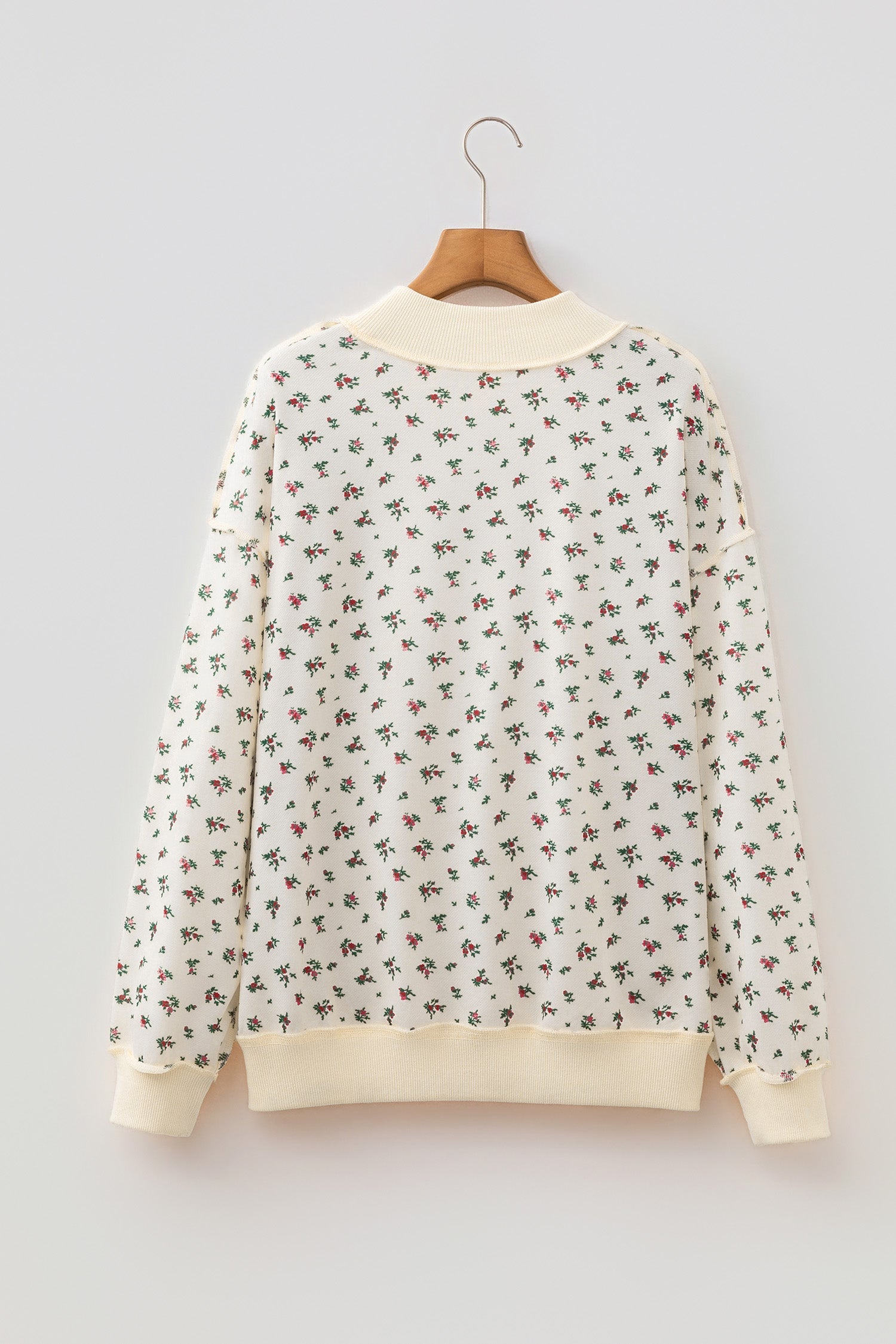 Floral Ribbed High Neck Exposed Hem Baggy Sweatshirt