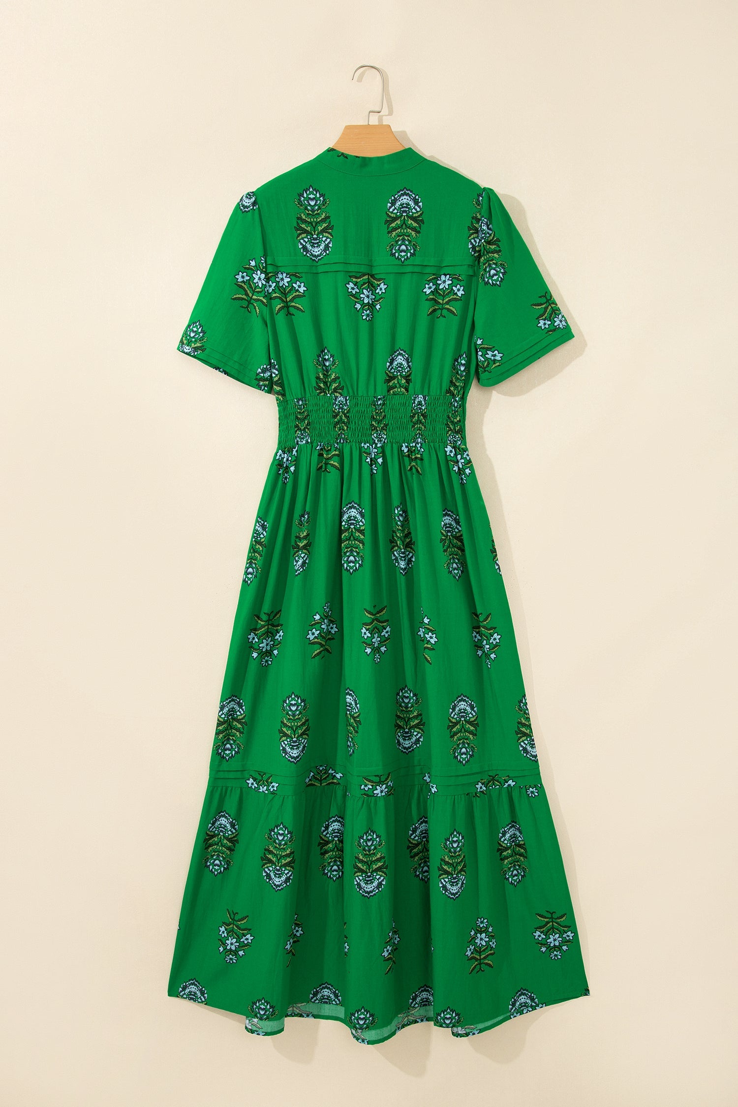 Floral Split Neck Shirred High Waist Maxi Dress