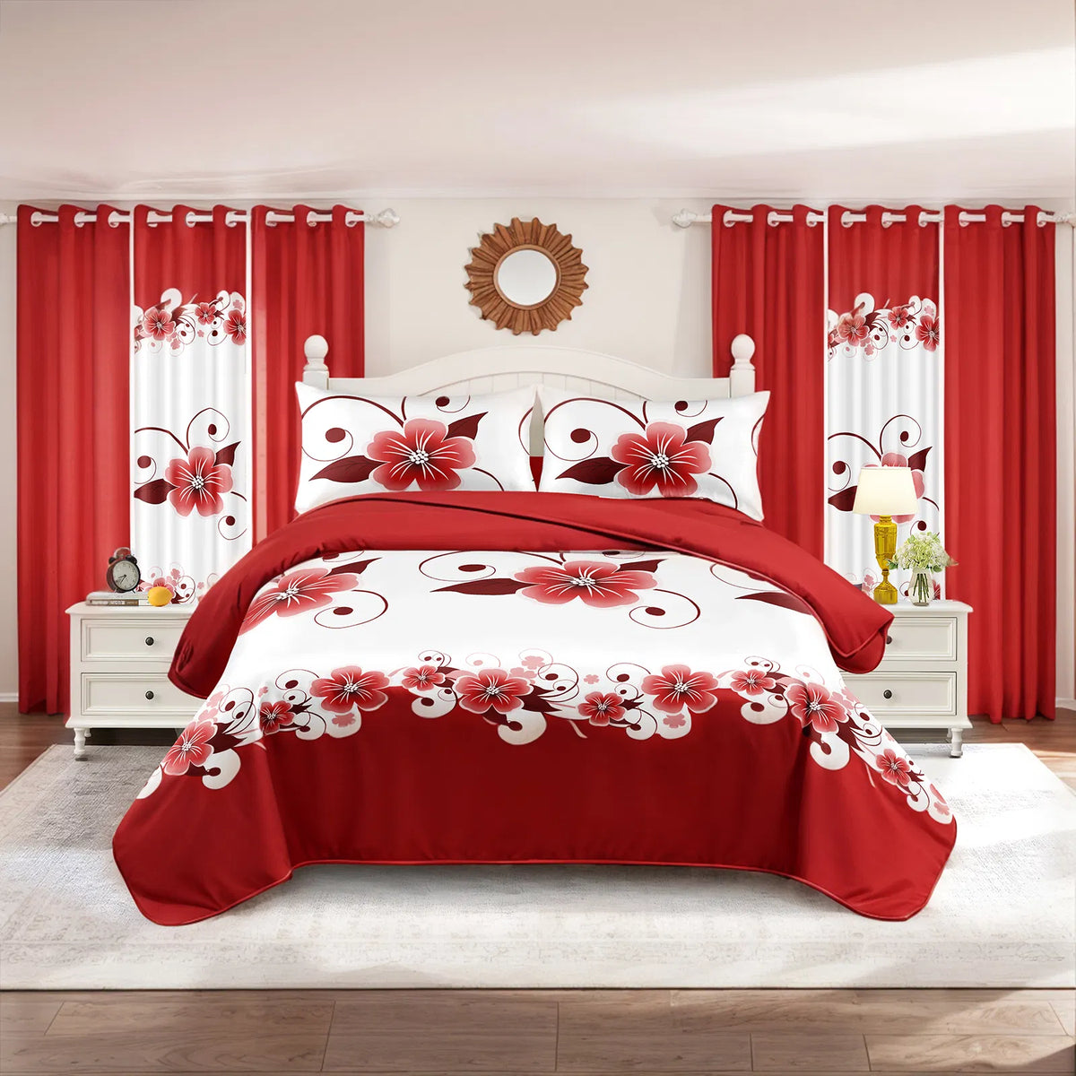 Red White Floral Duvet Cover & Curtain Set 9 Piece, Queen Size - Coordinated Bedding Bundle with Sheer Grommet Drapes, 2 Pillowcases & Matching Curtains, Machine Washable