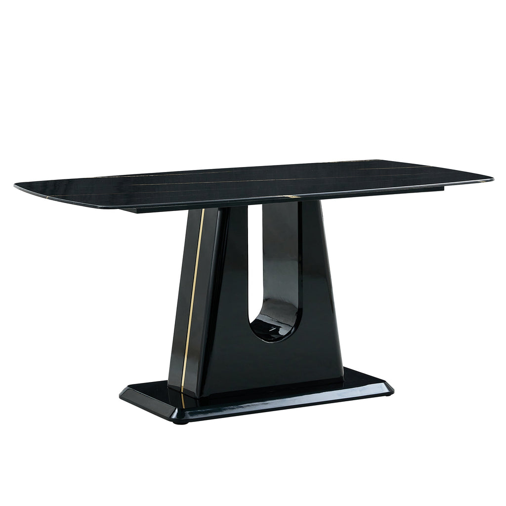 A modern, minimalist, and luxurious table. A black imitation marble tabletop with MDF U-shaped legs. Dining table, computer table. For restaurants and living rooms 63' * 35.4'* 30' F-U