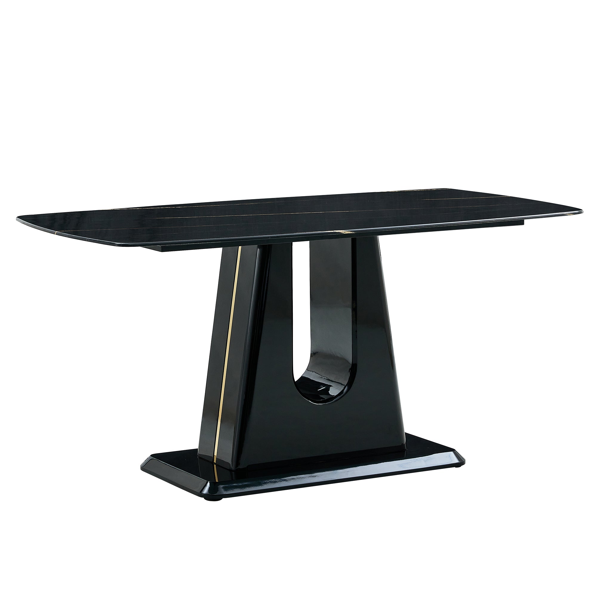 A modern, minimalist, and luxurious table. A black imitation marble tabletop with MDF U-shaped legs. Dining table, computer table. For restaurants and living rooms 63' * 35.4'* 30' F-U