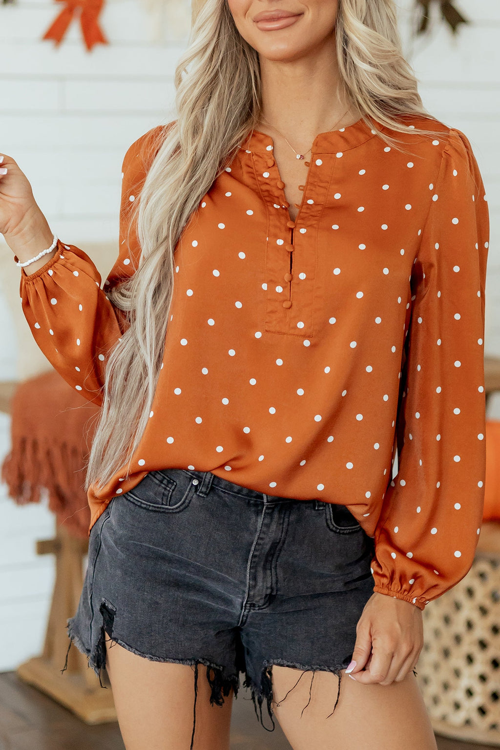 Polka Dot Half Button V-Neck Long Sleeve Blouse