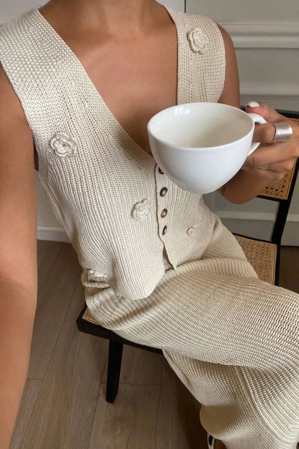 Flower V-Neck Vest and Skirt Sweater Set (see size guide under more details)
