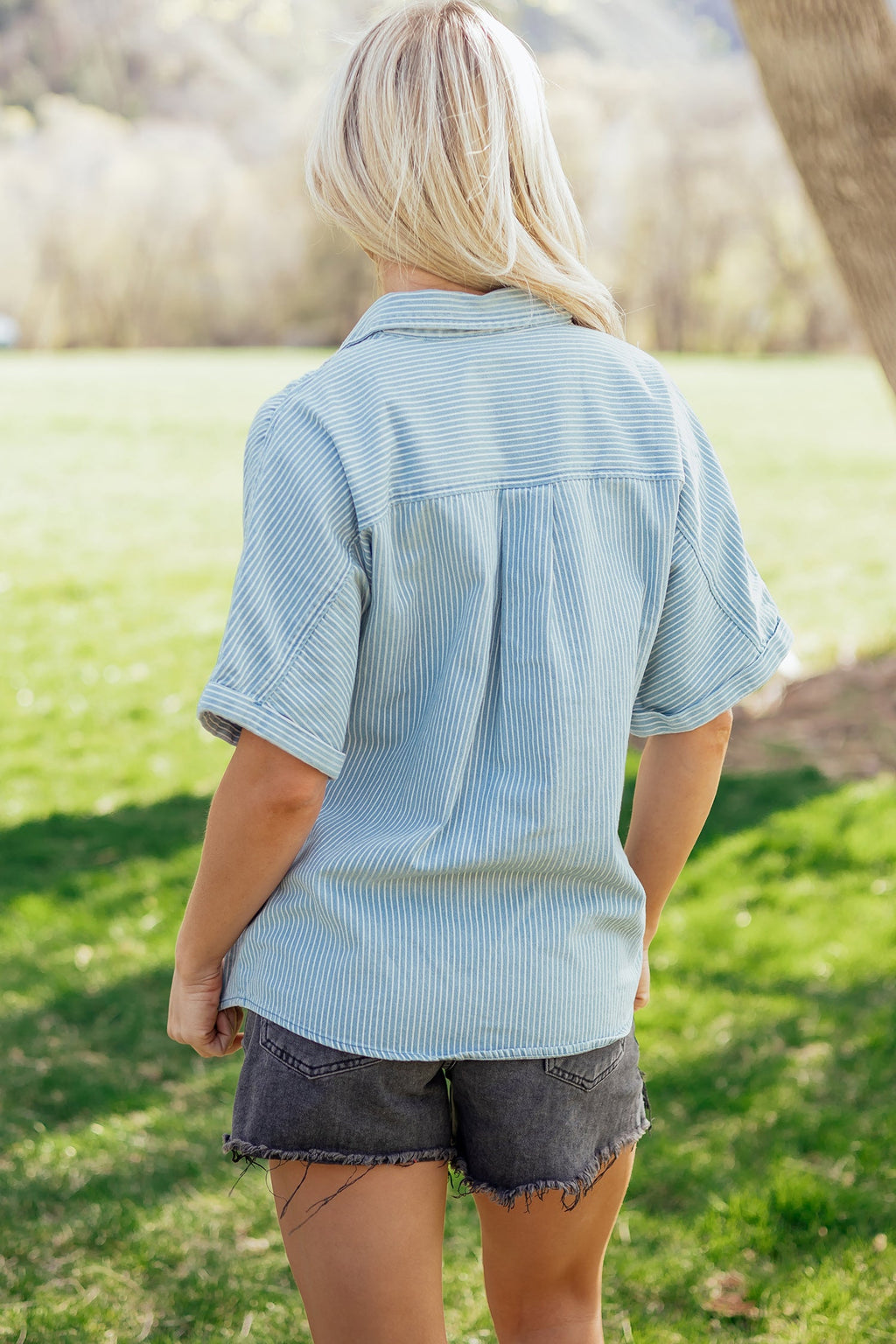 Stripe Cuffed Short Sleeve Button Up Shirt