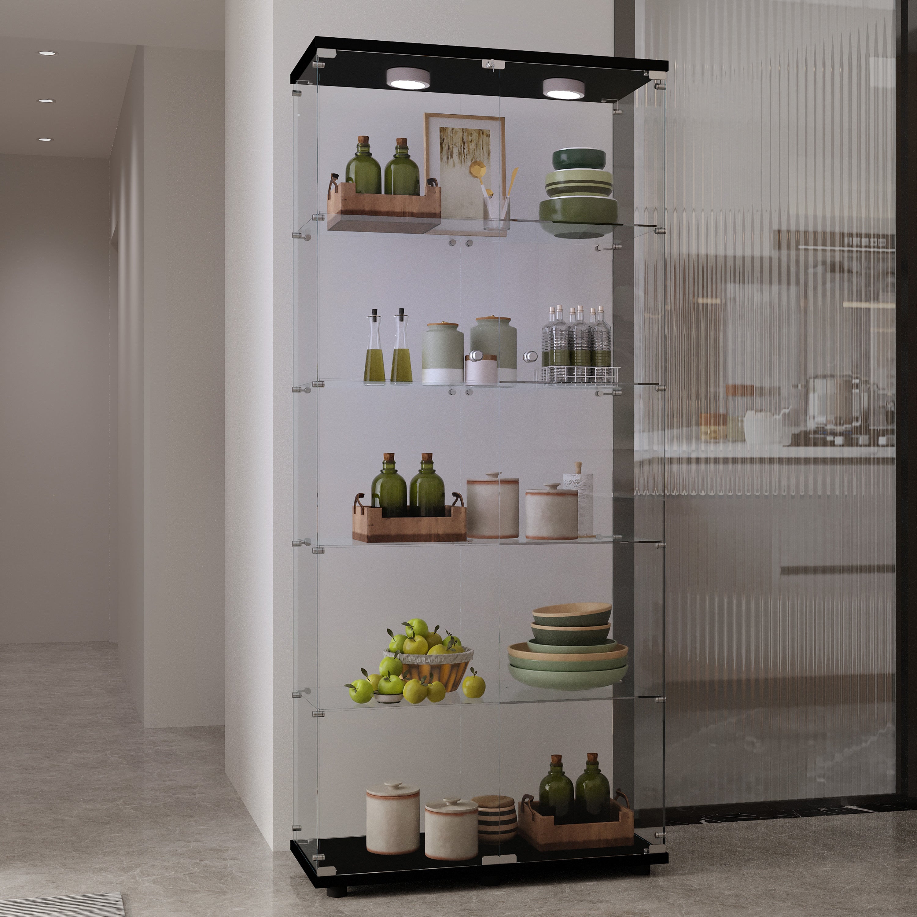 Tempered glass display cabinet,liquorcabinet,storagecabinet,filecabinet,with paipai lights,with locks,bottom equipped with adjustable feet,suitable for uneven,living room bedroom,corridor,office,black