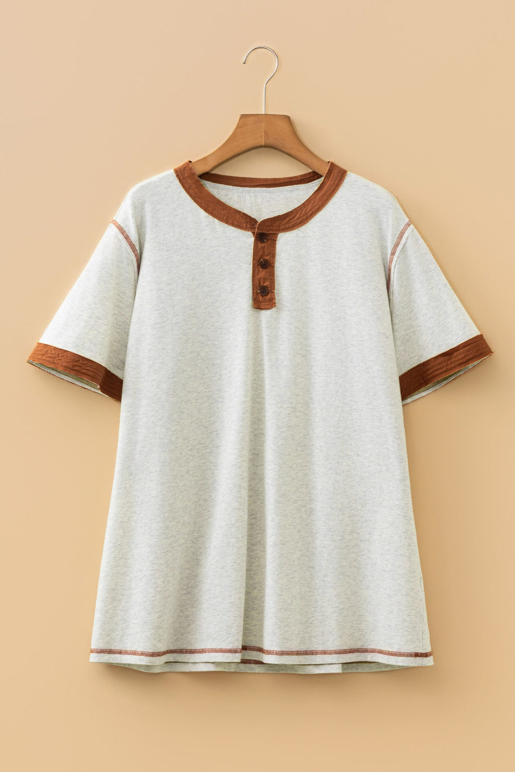 Plus Size Colorblock Distressed Short Sleeve Henley Tee