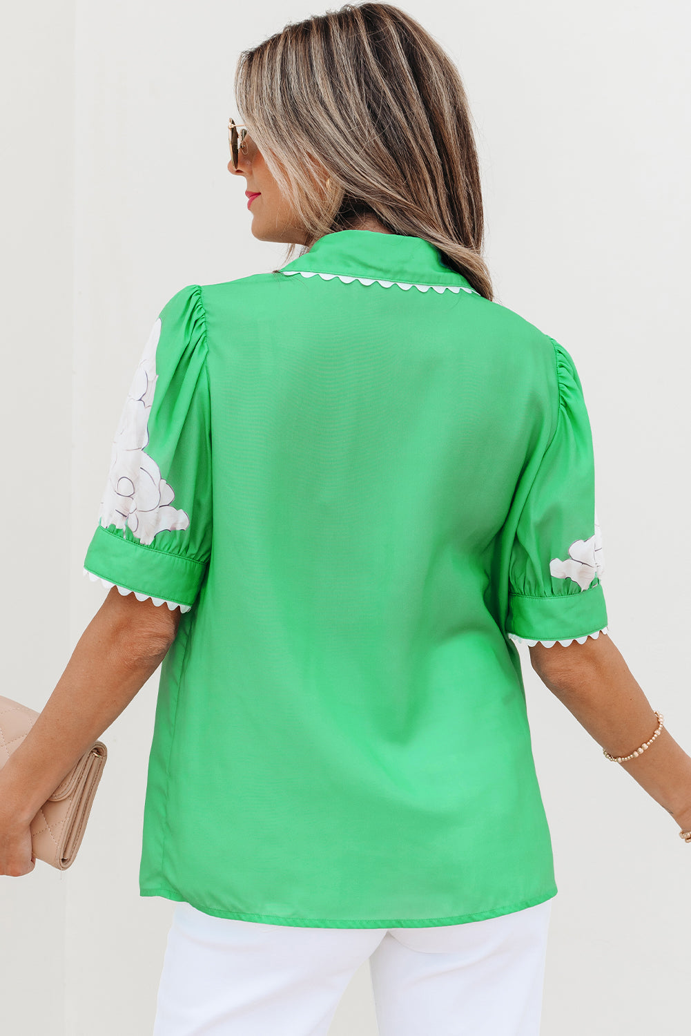Floral Ricrac Trim Puff Sleeve Buttoned Shirt