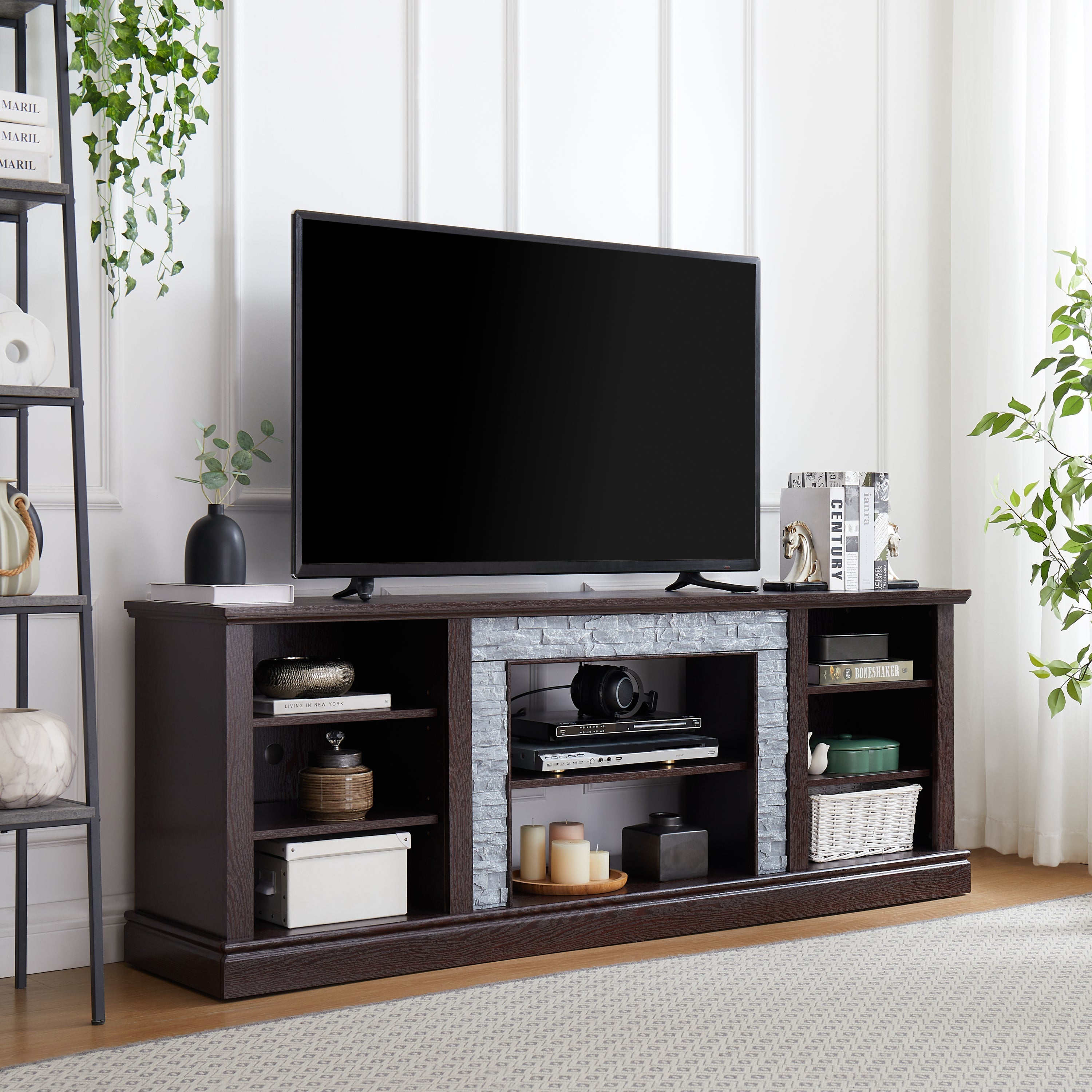 Large Faux Stacked Stone TV Stnad, Desk Storage Rack, Media Console Table with Large Storage Cabinet,Modern TV Media Entertaionment Stand,Cherry, 70.12'W*15.35'D*25.83'H