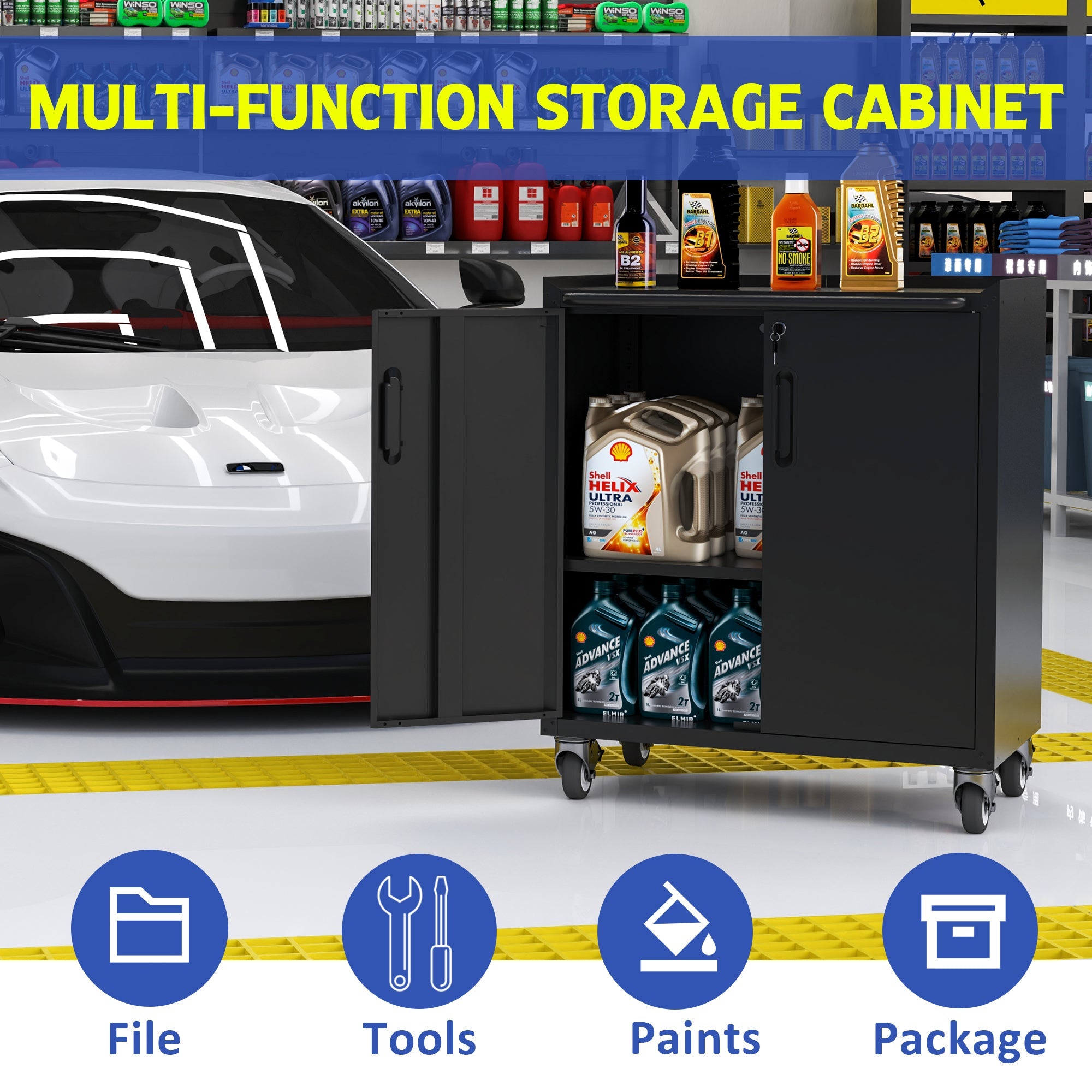 Heavy-Duty Metal Garage Storage Cabinet with Wheels - Sturdy Tool Storage Solution in Black Steel, 29.53x17.72x34.65 inches