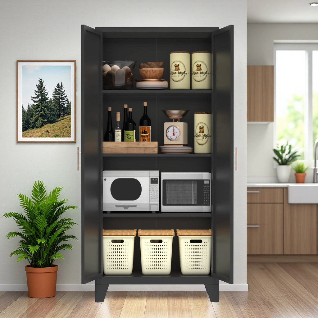 61'' 2 Shapely Doors Cabinet, Metal Storage Cabinet with Doors and Adjustable Shelves, for Bedroom, Living Room(Black)