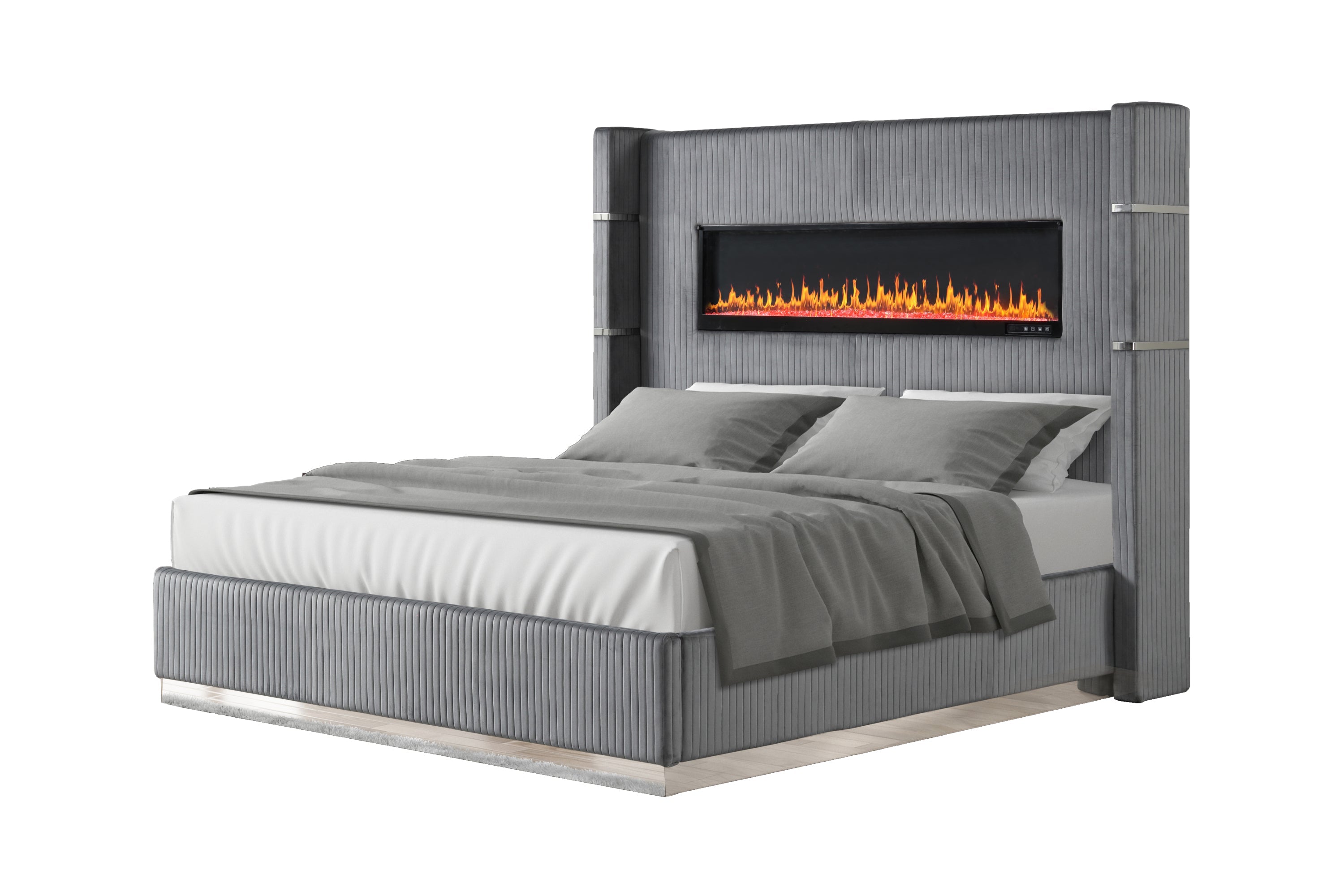 LIZZELLE Upholstery Wooden King 5 PC Bedroom set with Ambient lighting in Gray Velvet Finish(NJ INVENTORY)