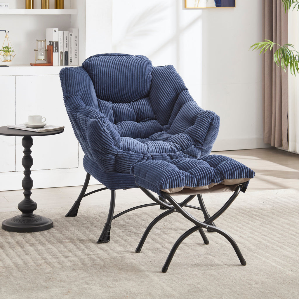 Lazy Chair with Ottoman, Modern Lounge Accent Chair with Armrests and a Side Pocket, Leisure Upholstered Sofa Chair Reading Chair with Footrest for Small Space, Corner Chair-Navy blue