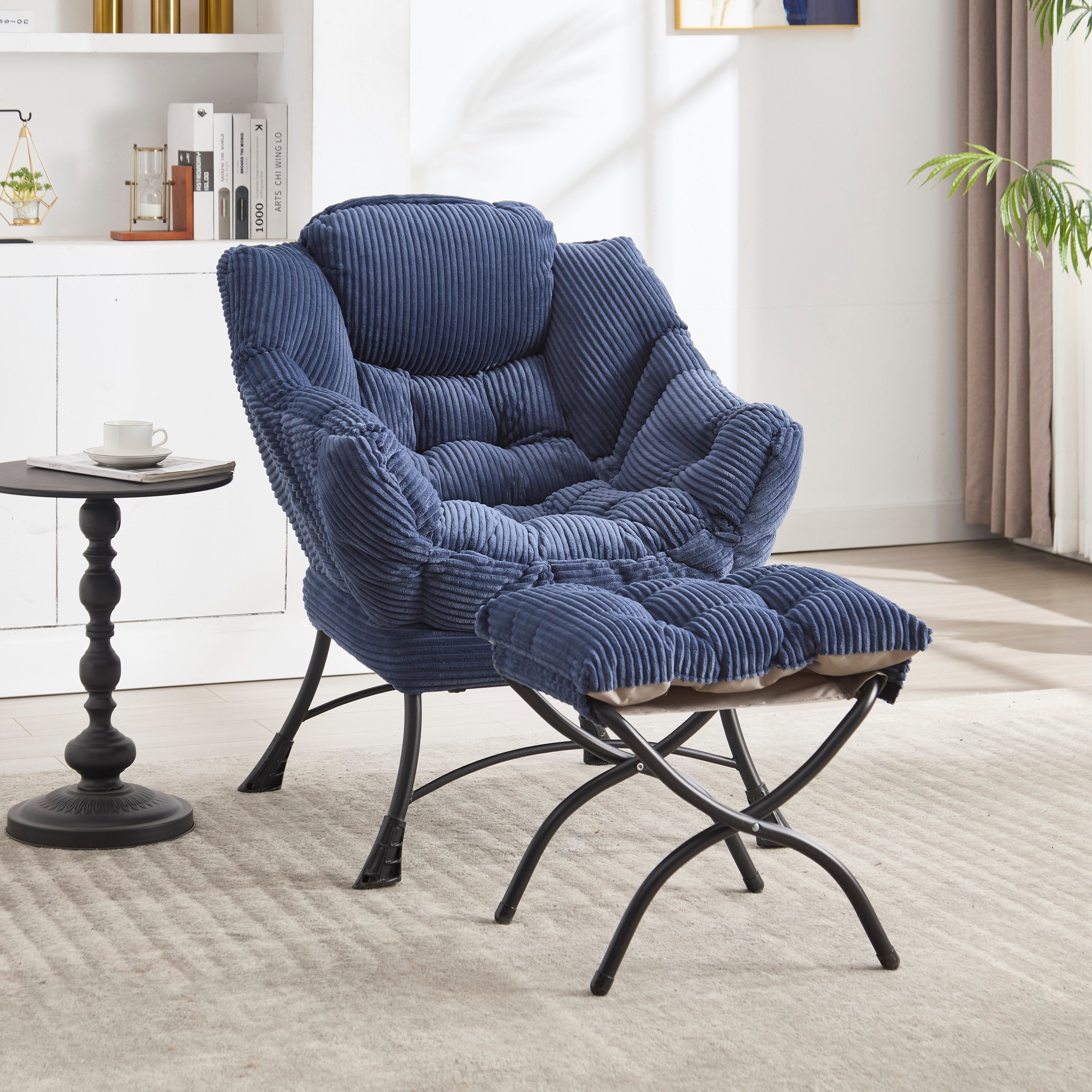 Lazy Chair with Ottoman, Modern Lounge Accent Chair with Armrests and a Side Pocket, Leisure Upholstered Sofa Chair Reading Chair with Footrest for Small Space, Corner Chair-Navy blue