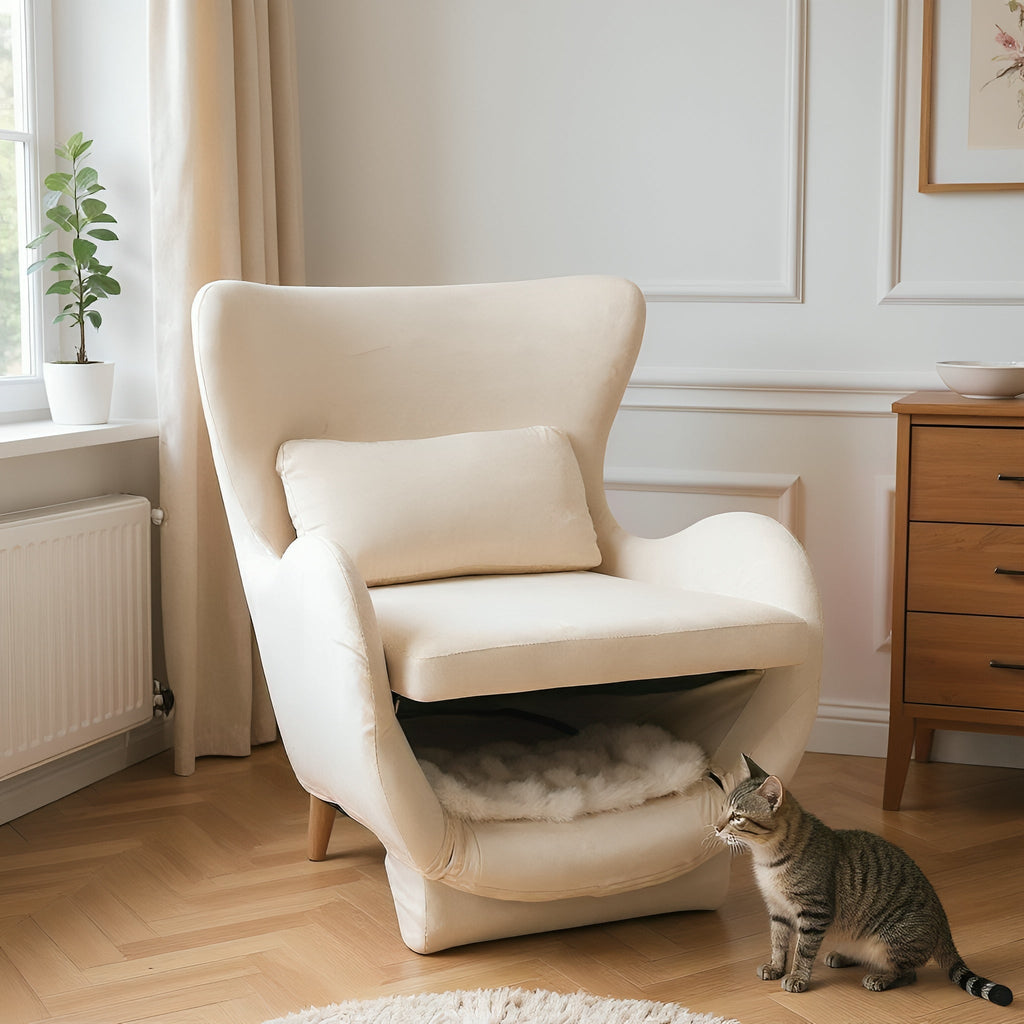 Furniture Style 2 in 1 Pet Friendly  Modern Velvet Lounge Chair, Upholstered  Back Accent Chair Leisure Single Sofa Chair for Living Room Office, White