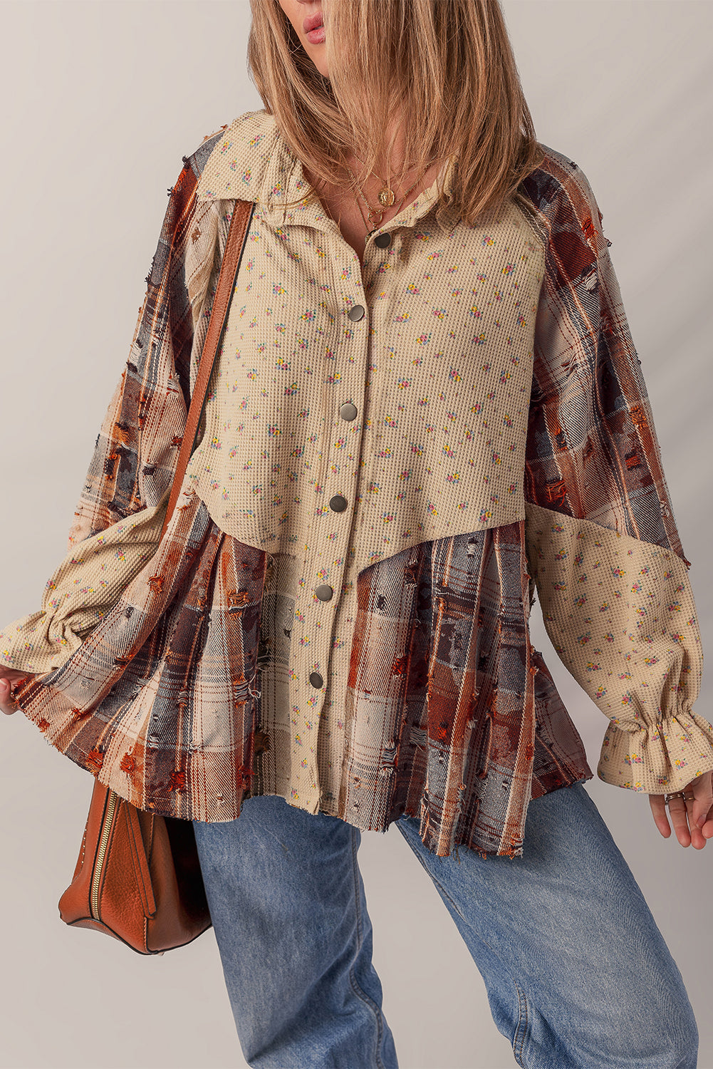 Floral Plaid Patchwork Ruffle Waffle Knit Shacket