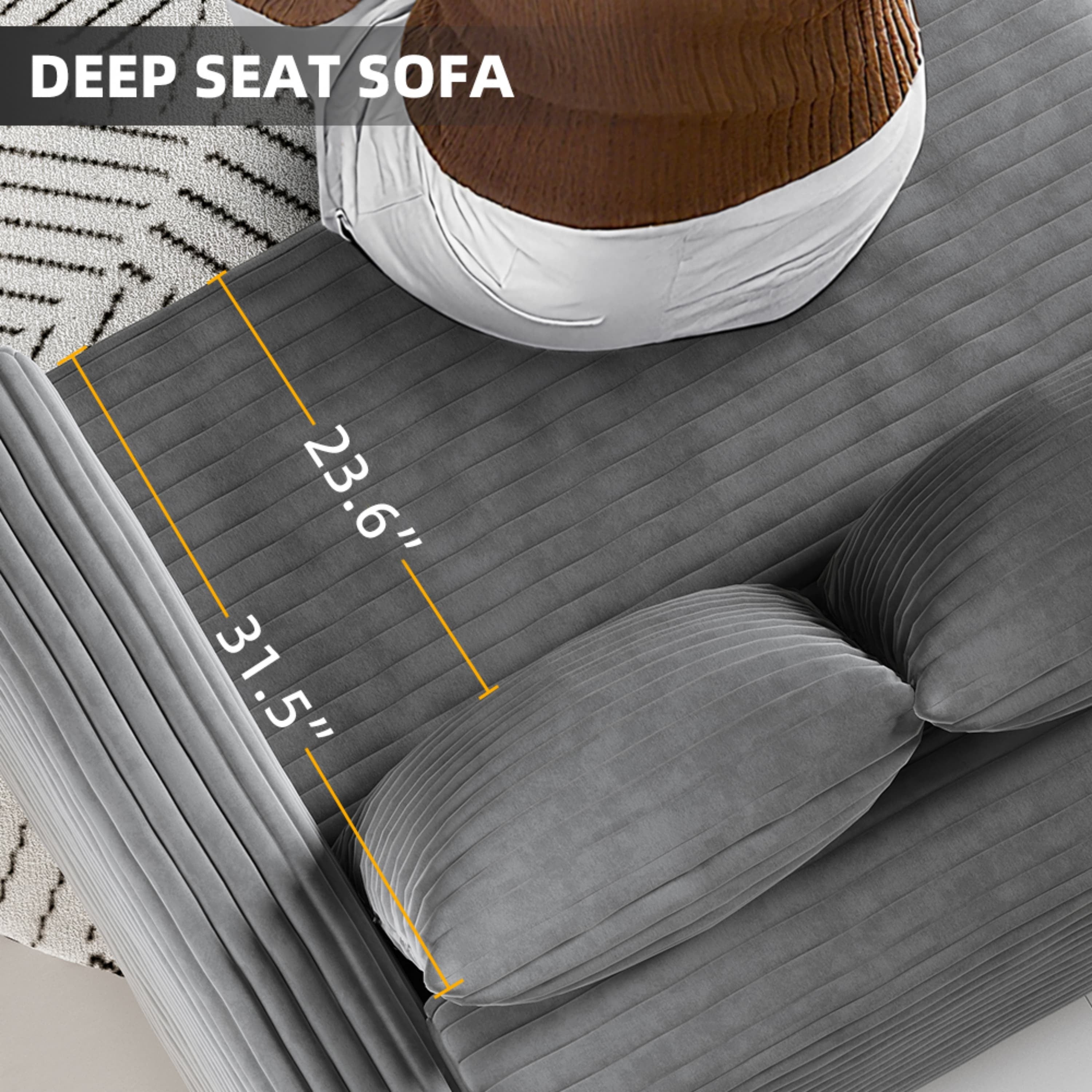 82.7 ' Plush Corduroy 3-Seat Sofa,Modern Comfy Upholstered Sofa Cloud Couch,Deep Seat Couches with Soft Pillows,Convertible Deep Seat Sofa Lounge Chair for Living Room Bedroom,Apartment,Office,Grey