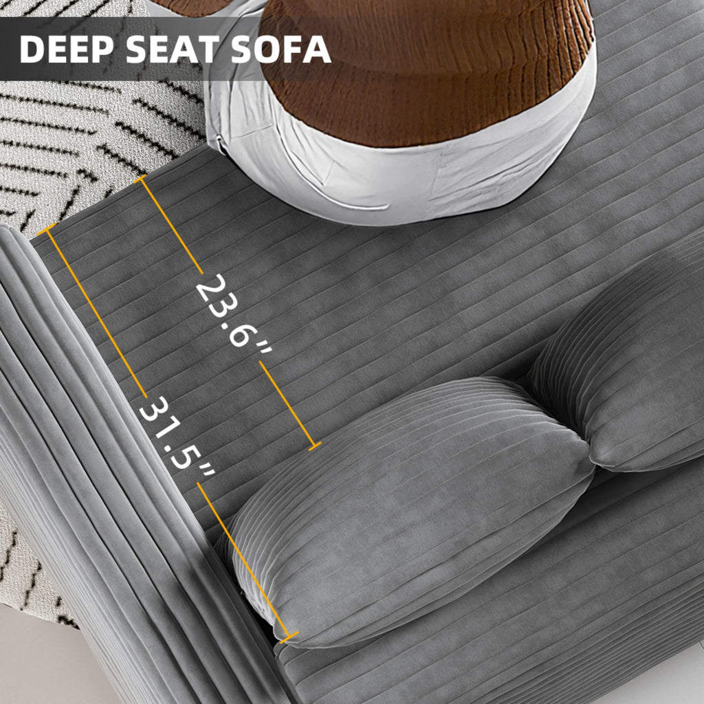 104.3 ' Plush Corduroy 4-Seat Sofa, Modern Comfy Upholstered Sofa Cloud Couch, Deep Seat Couches with Soft Pillows and 2 Ottomans, Convertible Sofa Lounge Chair, for Living Room,Apartment,Office,Grey