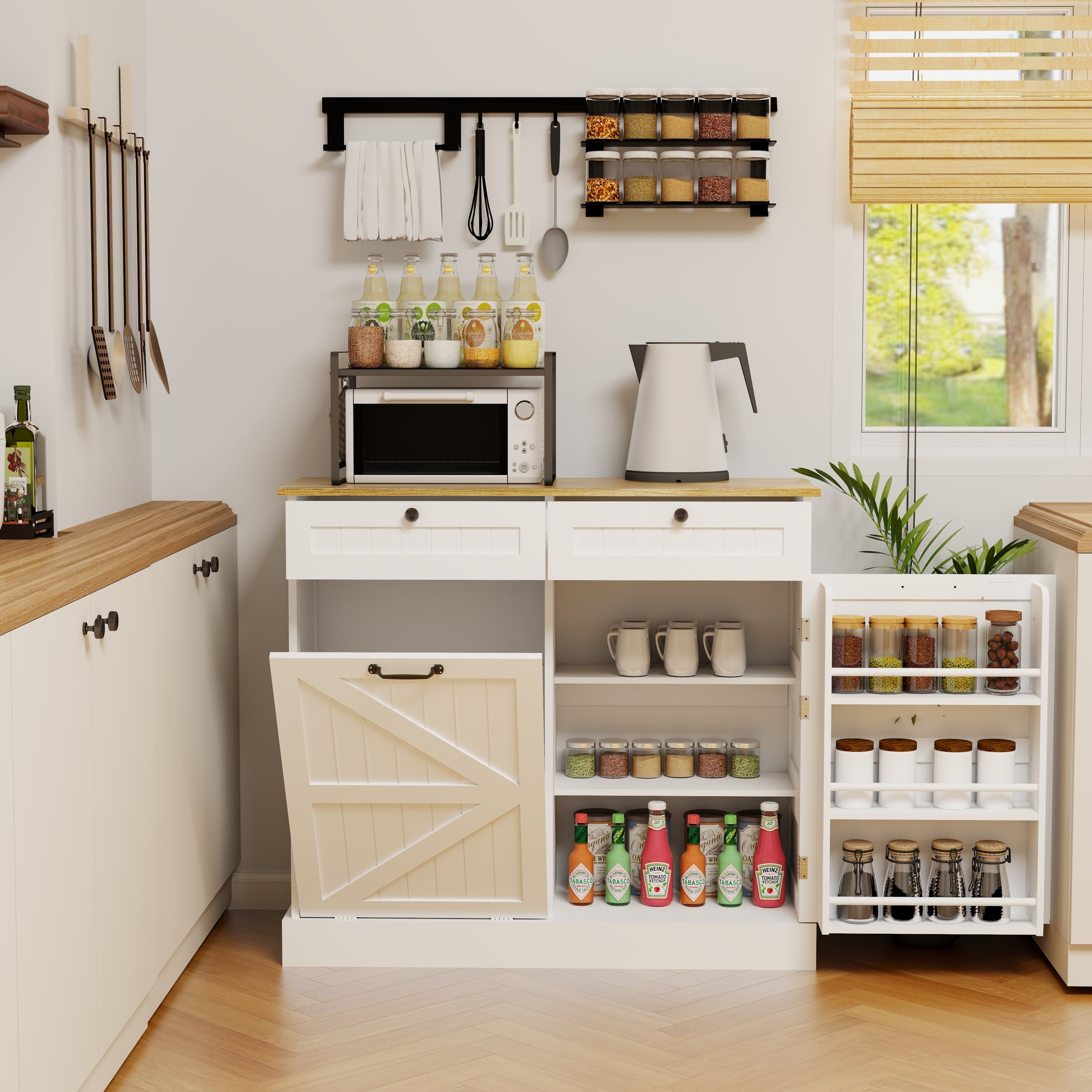 Kitchen Trash Can Storage Cabinet with 2 Drawers & 1 Tilt Out Trash Cabinet & 1 door with storage rack & 2 Shelves for Kitchen, Dinning Room, Living Room-White