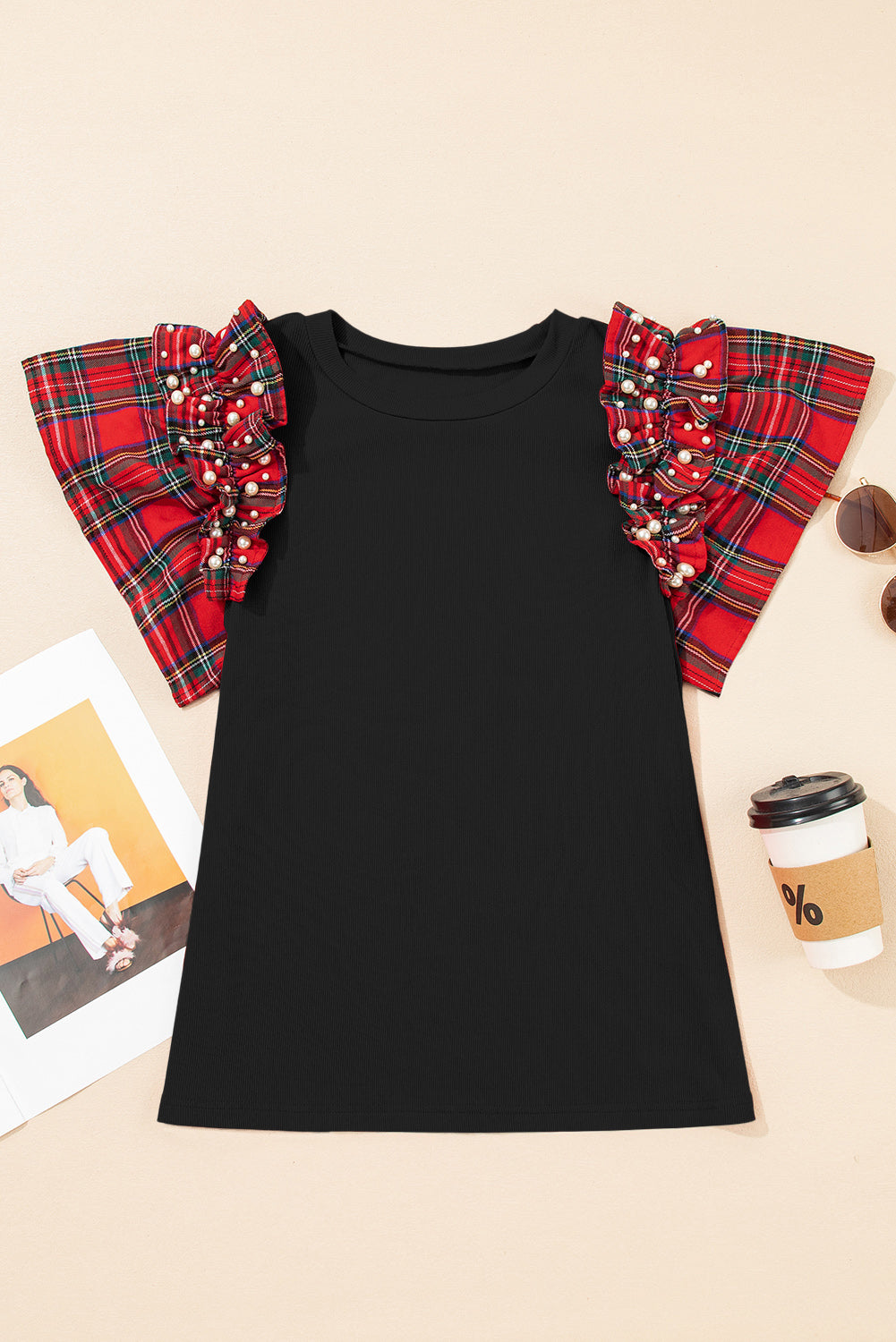 Plaid Pearl Ruffle Short Sleeve Loose T-Shirt