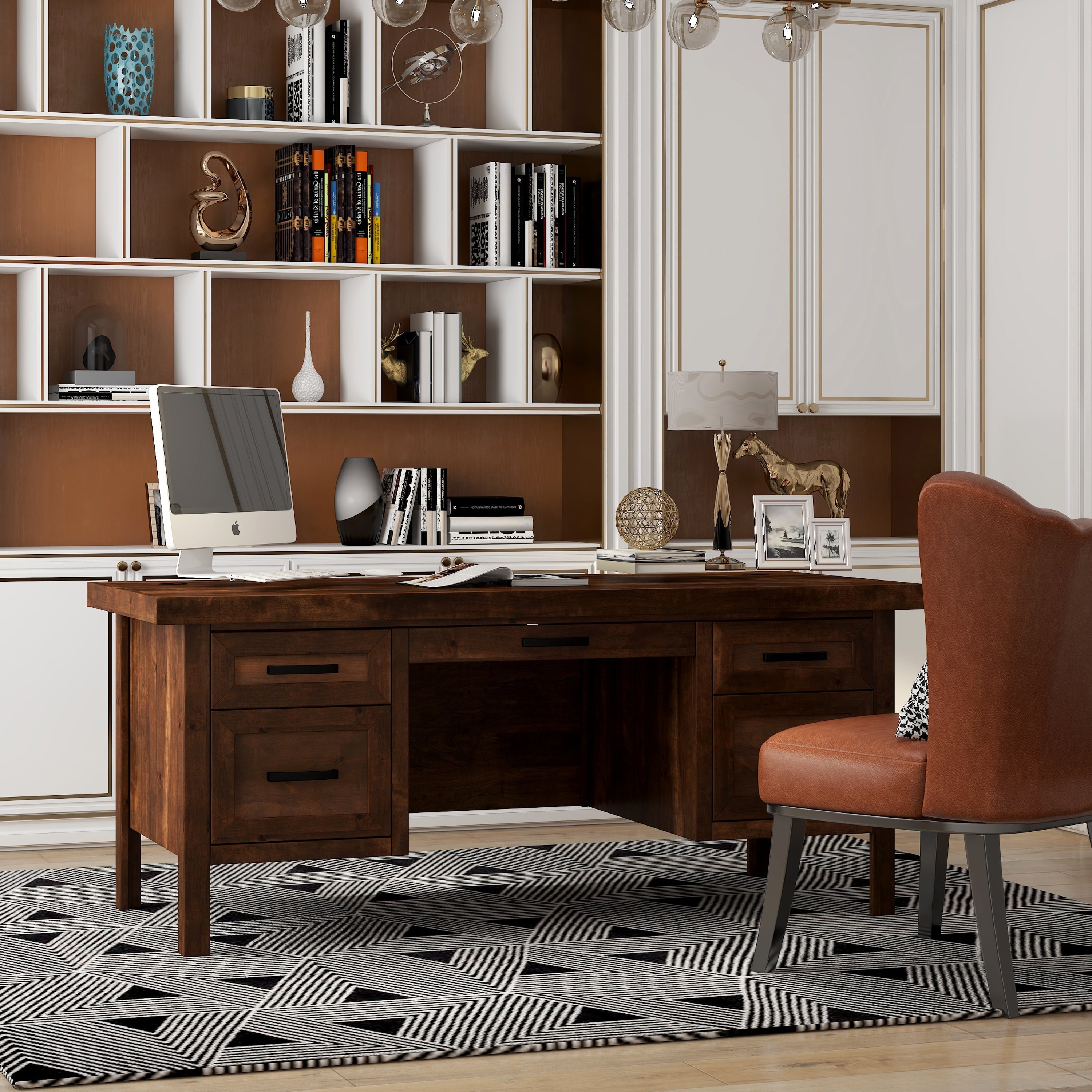 71 inch Executive Desk, No Assembly Required, Whiskey Finish