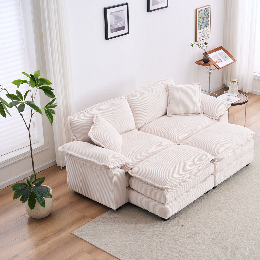 Corduroy 2-seats sofa With 2 back pillows,2 toss pillows and two ottoman,Comfy Sofa- Deep Seat Couch for Living Room,White