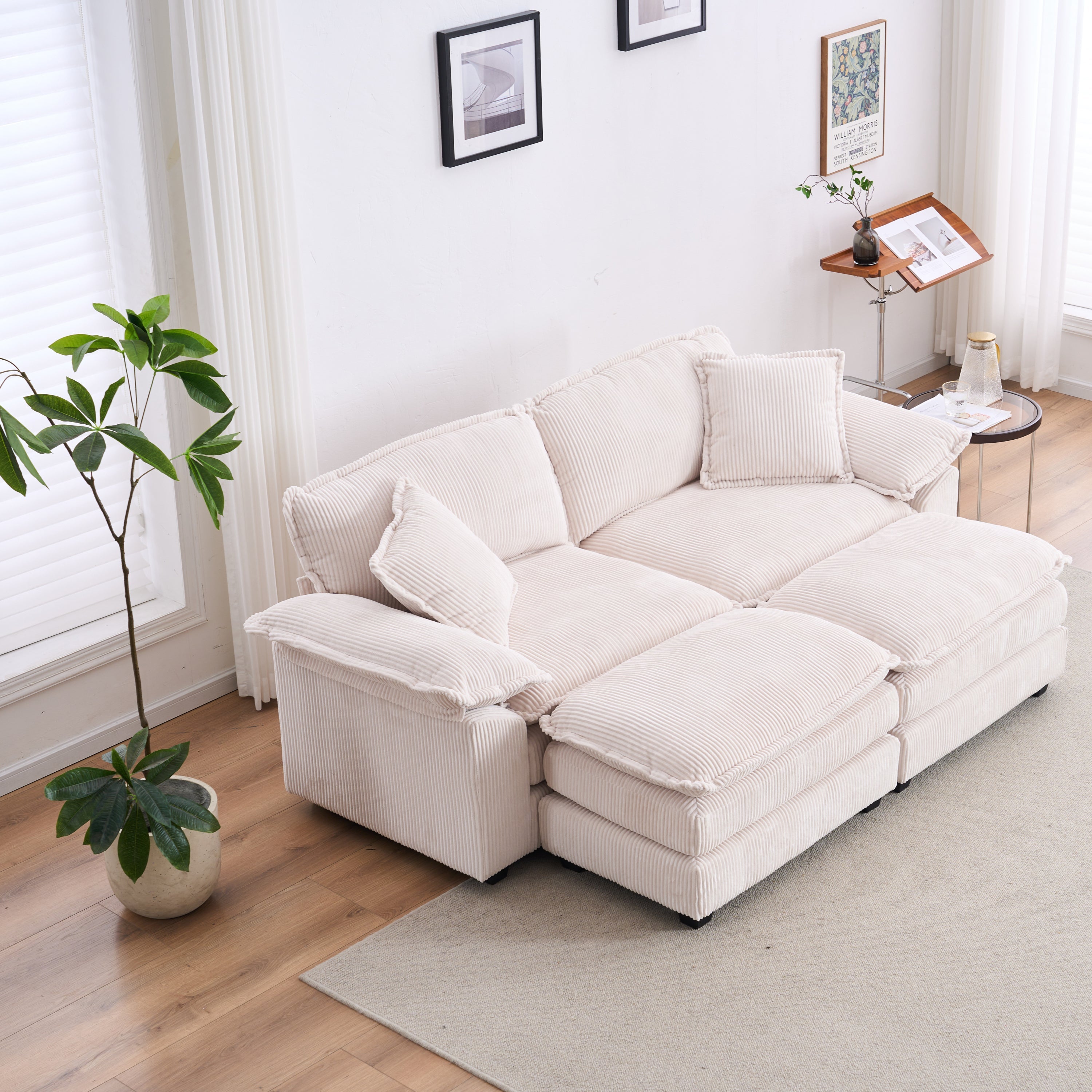 Corduroy 2-seats sofa With 2 back pillows,2 toss pillows and two ottoman,Comfy Sofa- Deep Seat Couch for Living Room,White