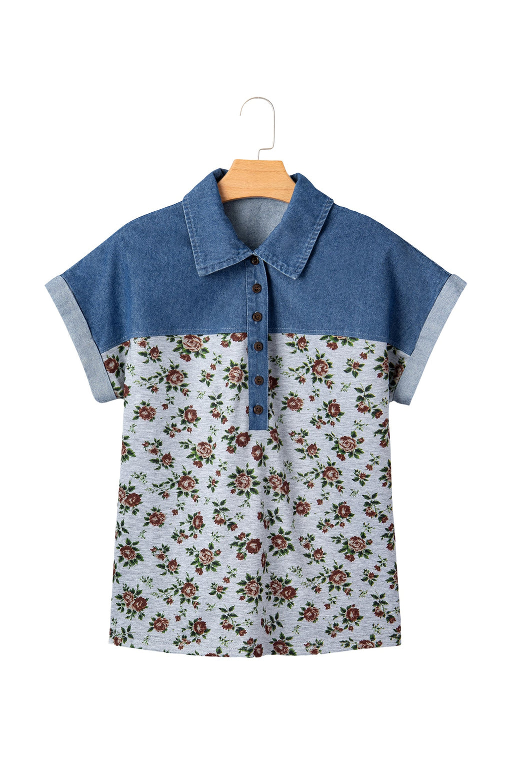 Floral Retro Denim Patchwork Buttoned Collar Top