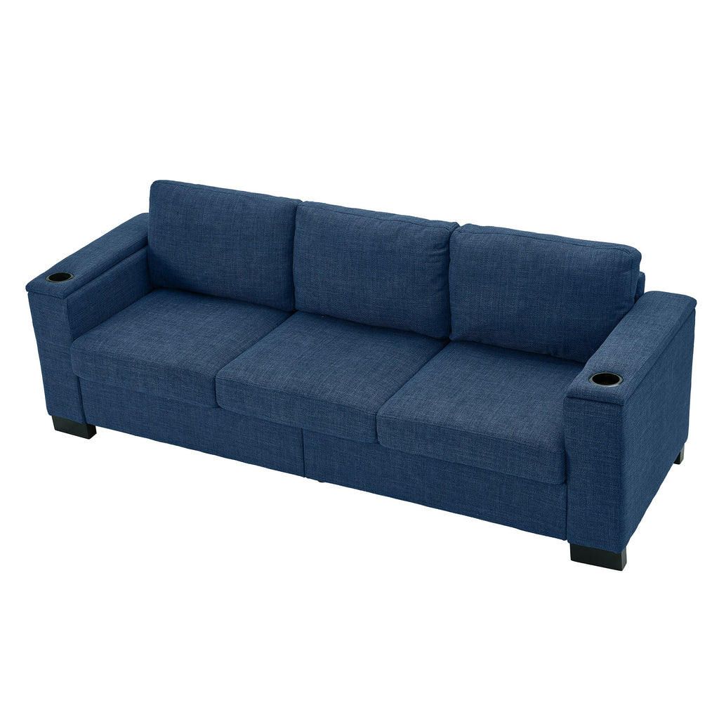 93.7' Modern Style Living Room Sofa Fabric Couch,Square Arm Sofa with Cup Holder,Storage Sofa,Upholstered Polyester Blue.