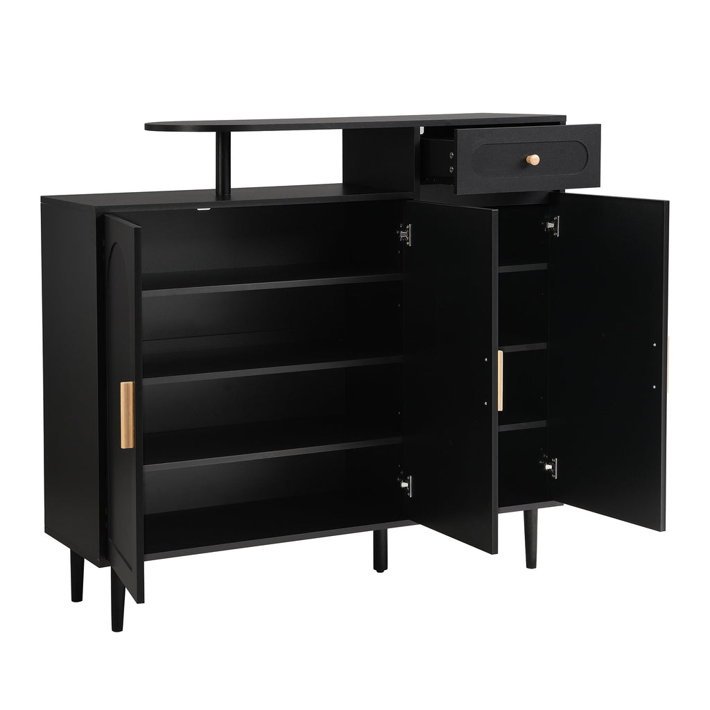 ON-TREND Elegant Shoe Cabinet with Arched Doors and Drawer, Cream Style Storage Sideboard with Adjustable Shelves and Solid Wood Legs for Entryway, Living Room, Black