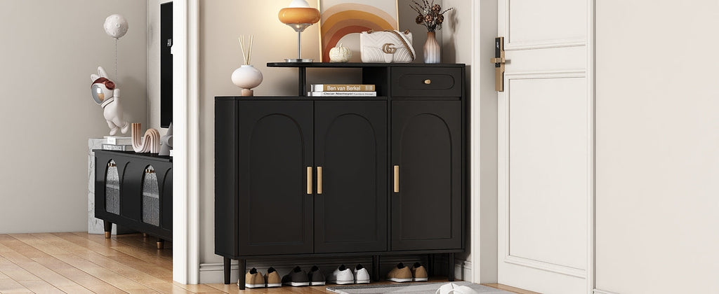 ON-TREND Elegant Shoe Cabinet with Arched Doors and Drawer, Cream Style Storage Sideboard with Adjustable Shelves and Solid Wood Legs for Entryway, Living Room, Black