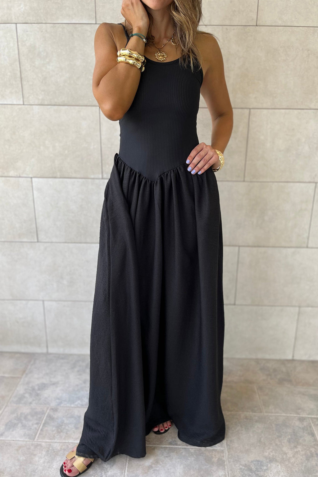 Solid Ribbed Patchwork Drop Waist Maxi Dress
