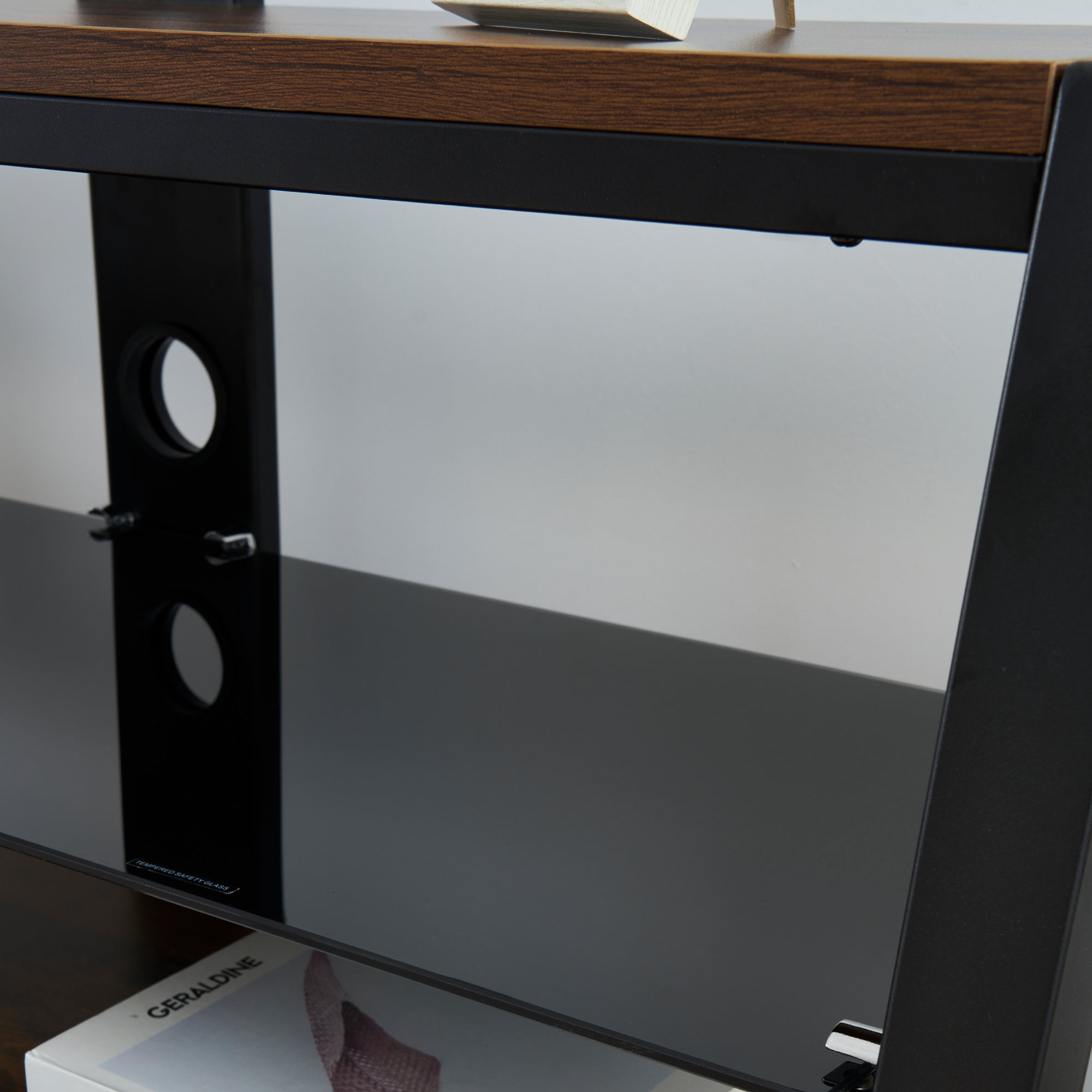 Wooden Storage TV Stand Black Tempered Glass Height Adjustable Universal Swivel Entertainment Center With Mount TV Stand, Rustic Browm