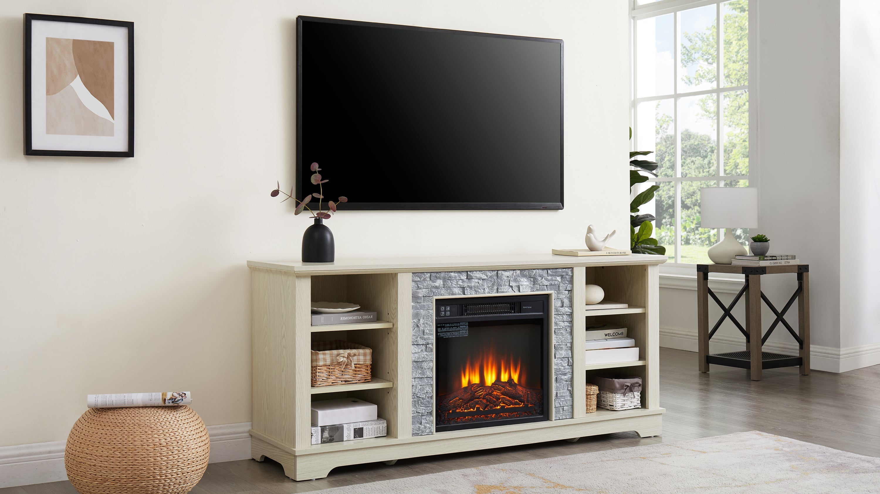 Mantel Electric Fireplace Stone TV Media Stand, Open Storage Modern Entertainment Console  Space with 18' Fireplace Insert, White, 58.31'W*15.39'D*26.06'H
