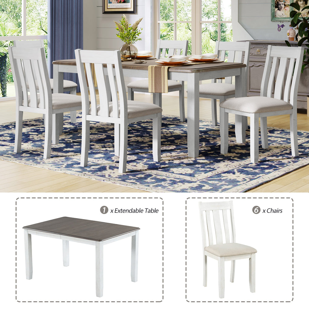 TREXM Retro Style 7-Piece Dining Table Set with Extendable Table, Upholstered Chairs, Brown+White, Solid Wood