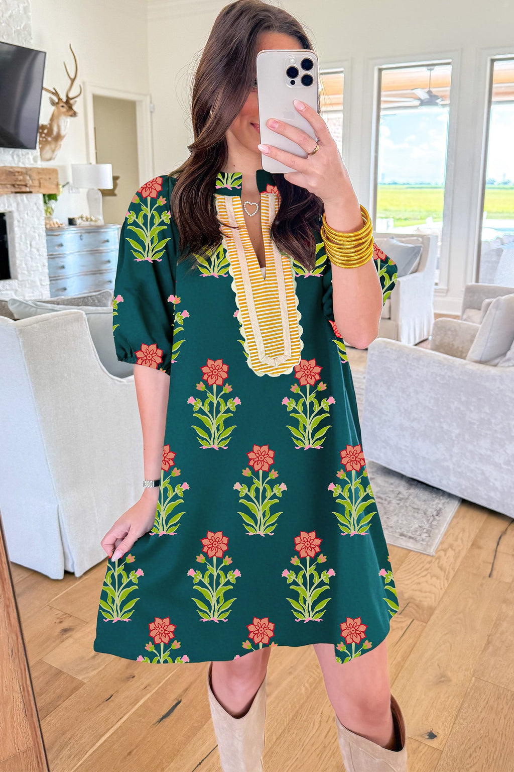 Floral Contrast Trim Stripe Patchwork Short Sleeve Dress