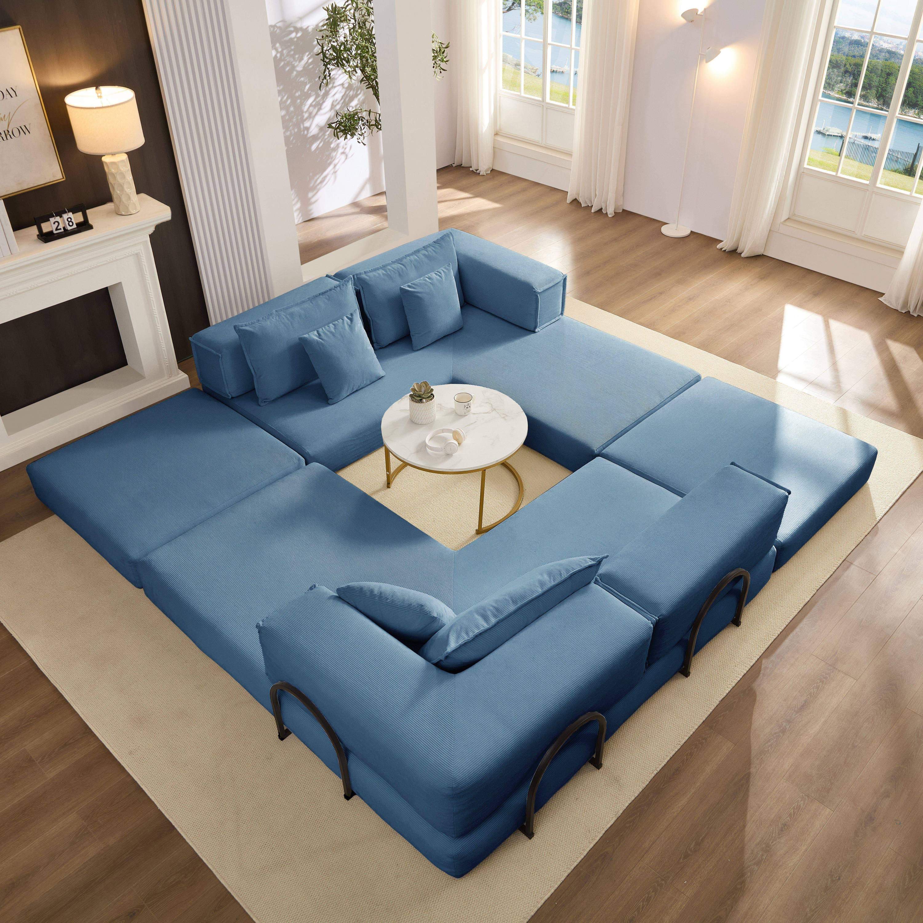 Oversized Upholstered Sectional Sofa Couch Set, Modular 118.2 ' L Shaped Floor Living Room Sofa Set With 6 Pillows, DIY Combination Sofa Couch for living rooms, apartments,bedrooms, Blue