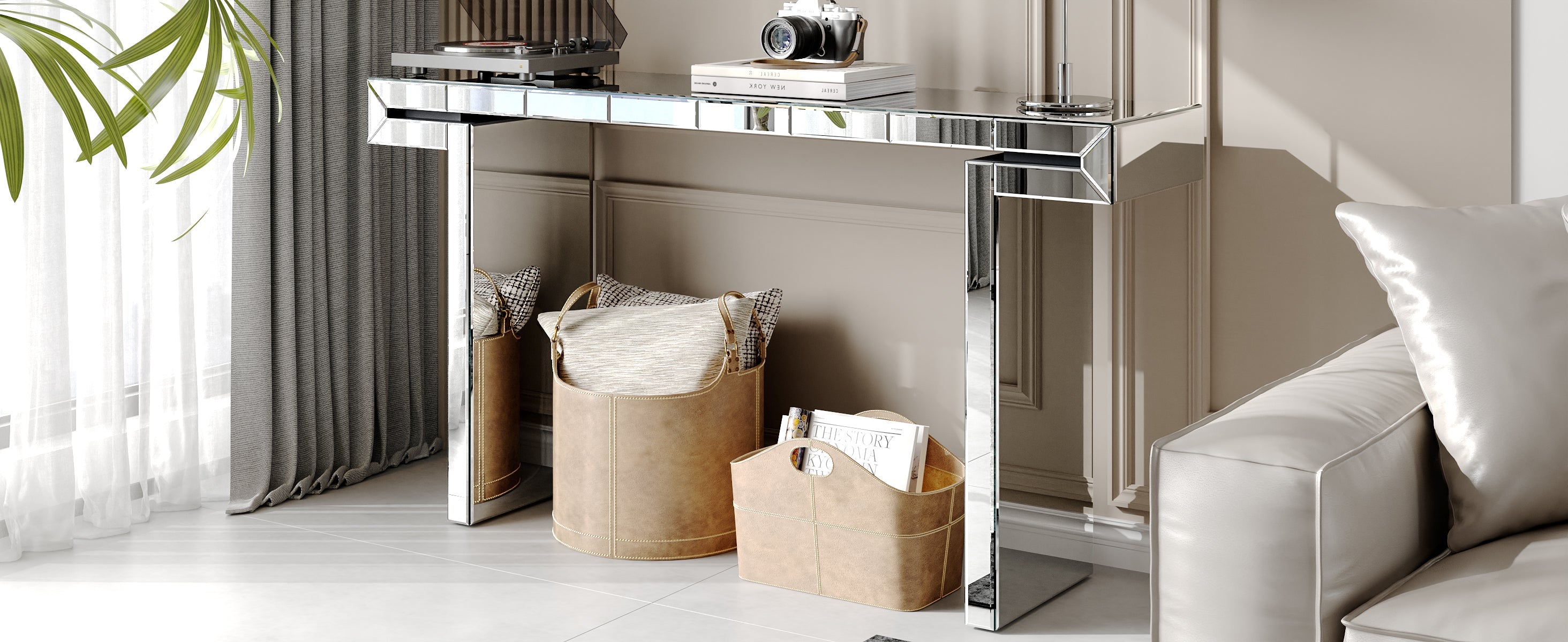 60 Inches Luxury Full-Length Mirror Console Table with Fluted Tempered Glass, Entryway Mirrored Sofa Table, Light Luxury Style, Scratch-Resistant, Reinforced Packaging