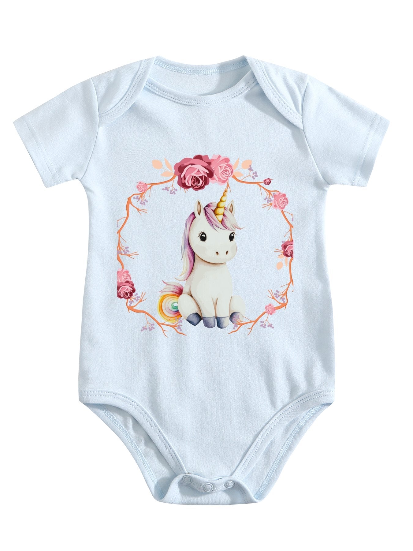 Baby Unicorn with Pink Roses Unisex Cotton Short Sleeve Baby Romper
