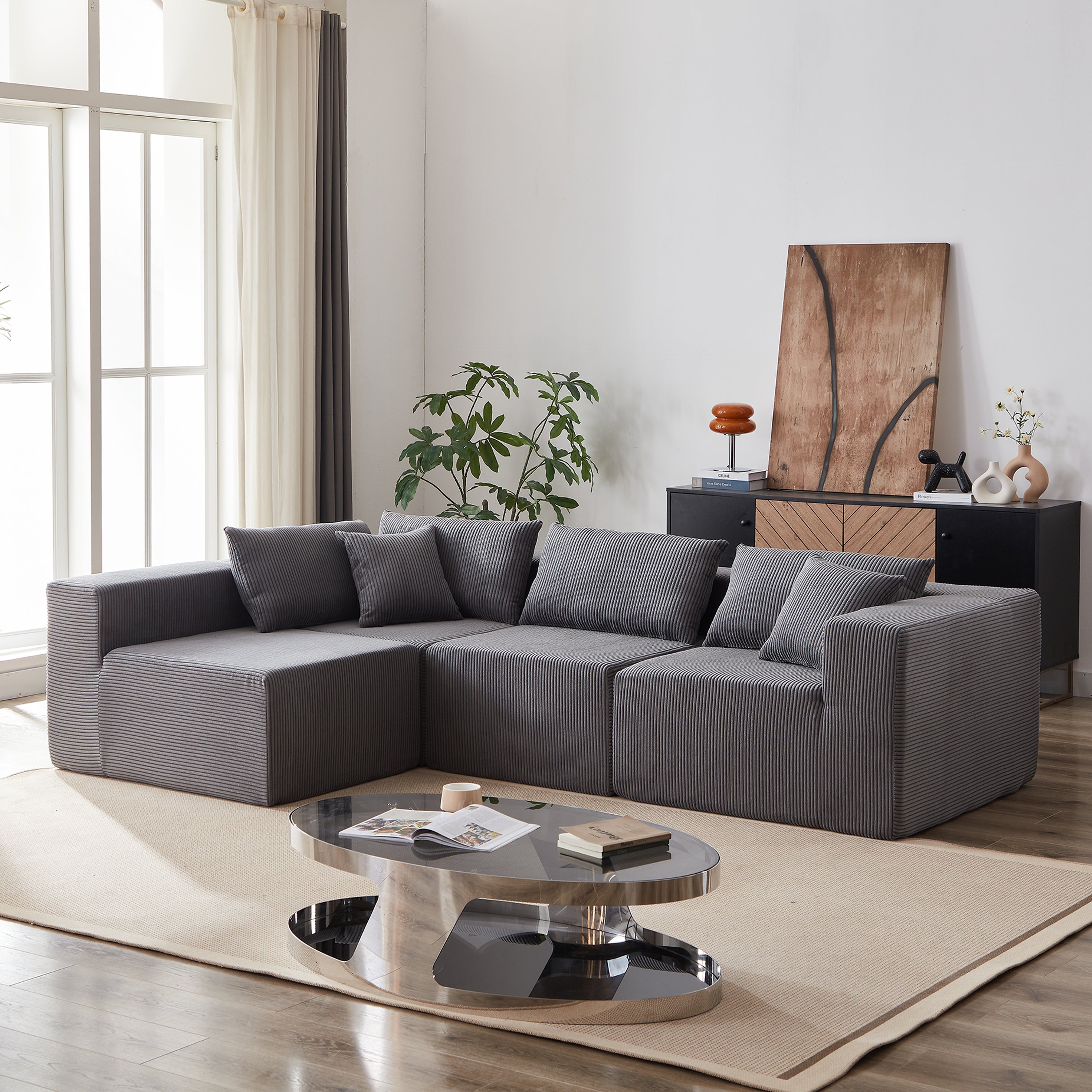 104-Inch Corduroy Modular L Shaped Sectional Sofa,Luxury Floor Couch Set,Upholstered Indoor Furniture,Foam-Filled Compressed Sofa for Living Room,Bedroom,4 PC Free Combination