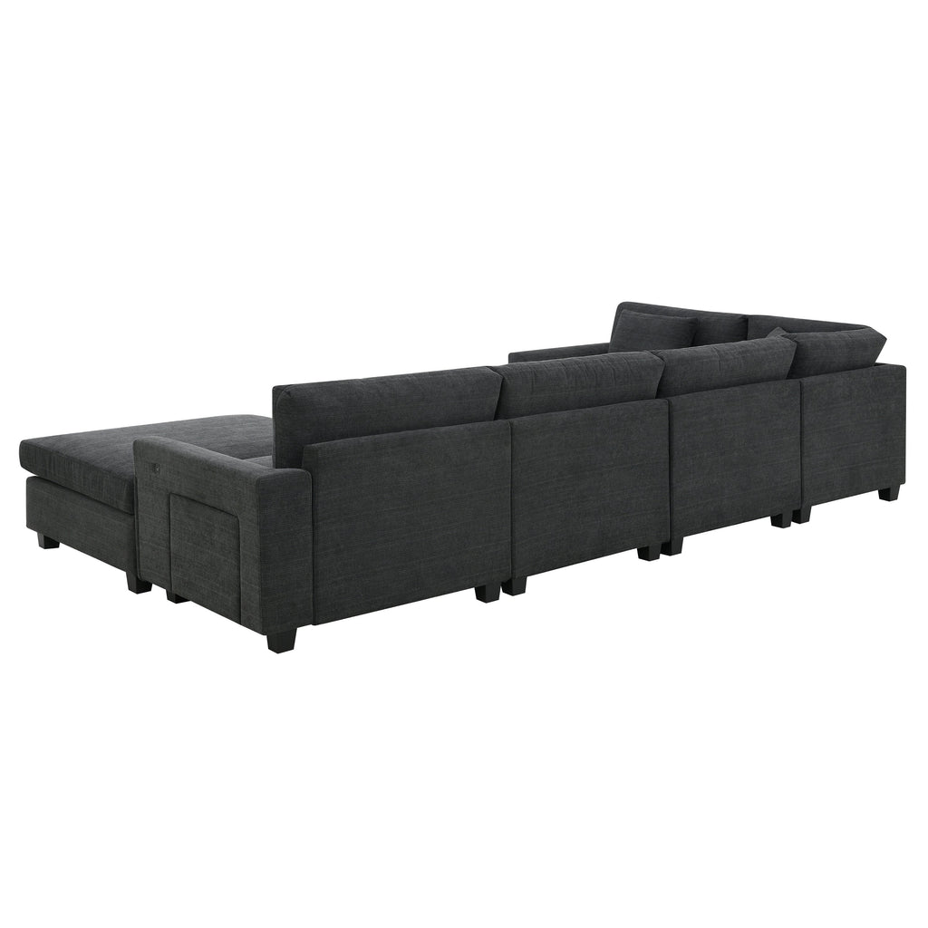 Chenille U Shaped Sectional Sofa with Ottoman and Storage, USB Ports, 2 Colors